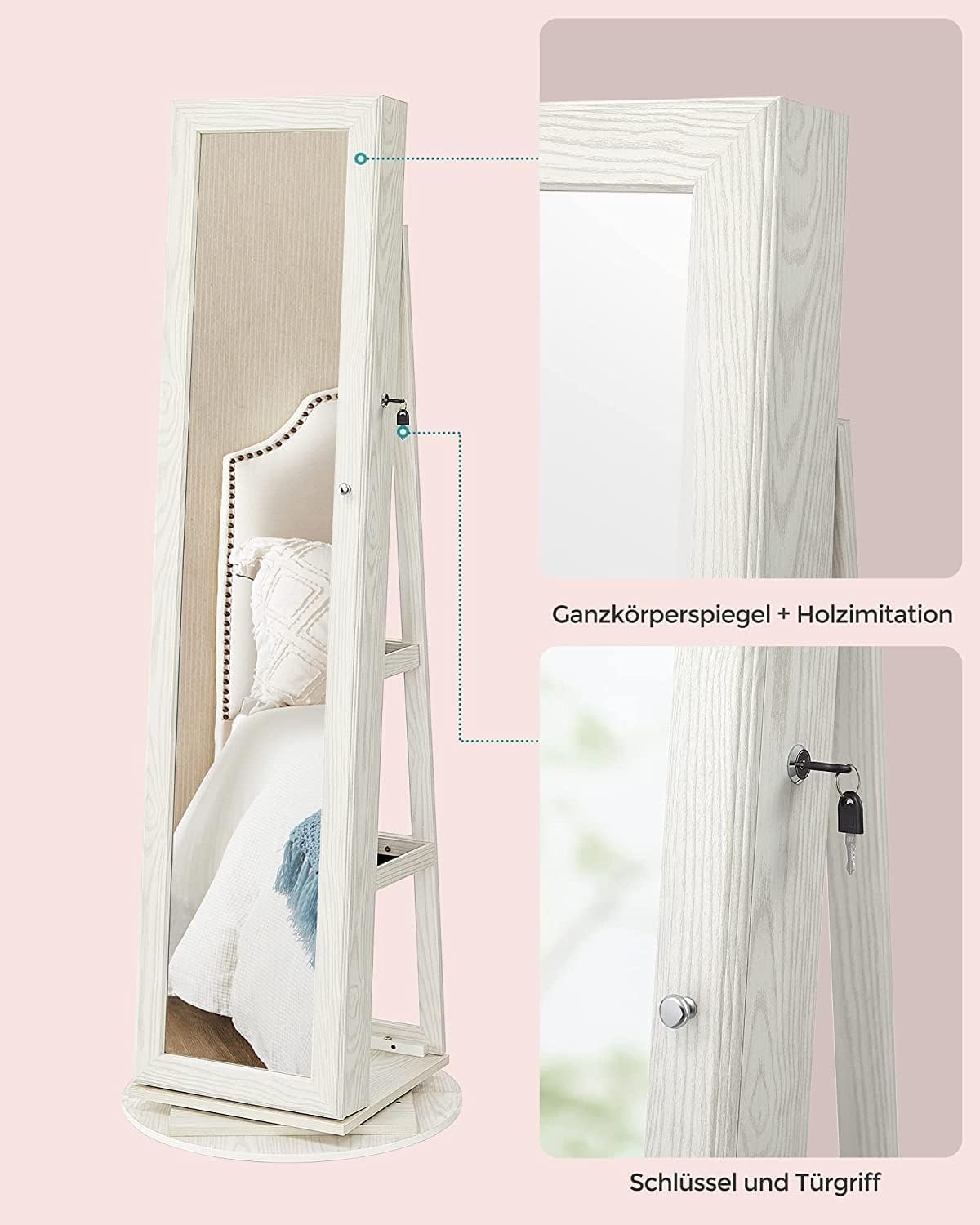 SONGMICS Schmuckschrank, Standspiegel, Spiegelschrank, mit Ganzkörperspiegel, um 360° drehbar, Schmuckaufbewahrung, abschließbar, mit Schlüsseln, Geschenkidee, weiß mit Grauer Holzmaserung JBC62W
