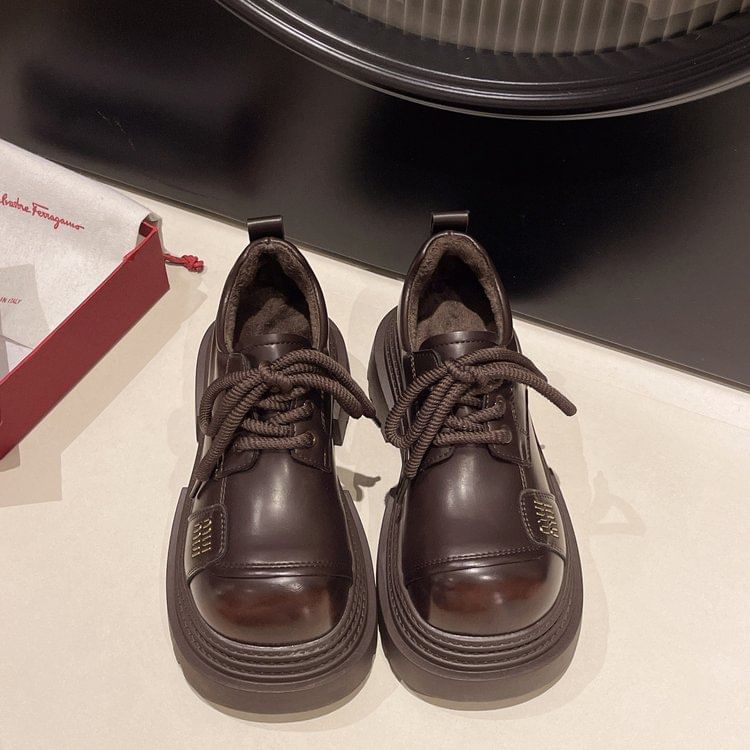 Vindler - Platform Plain Lace-Up Faux Leather Shoes