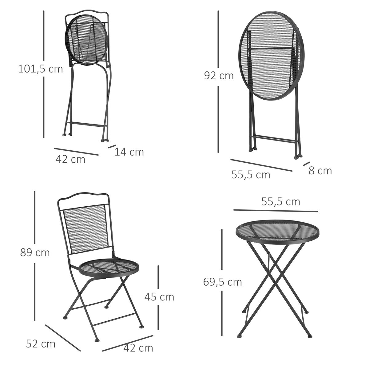 Outsunny 3-delige eetset, 1 tafel + 2 stoelen, met parasolgat, 55,5L x 55,5B x 69,5H cm, metaal, zwart