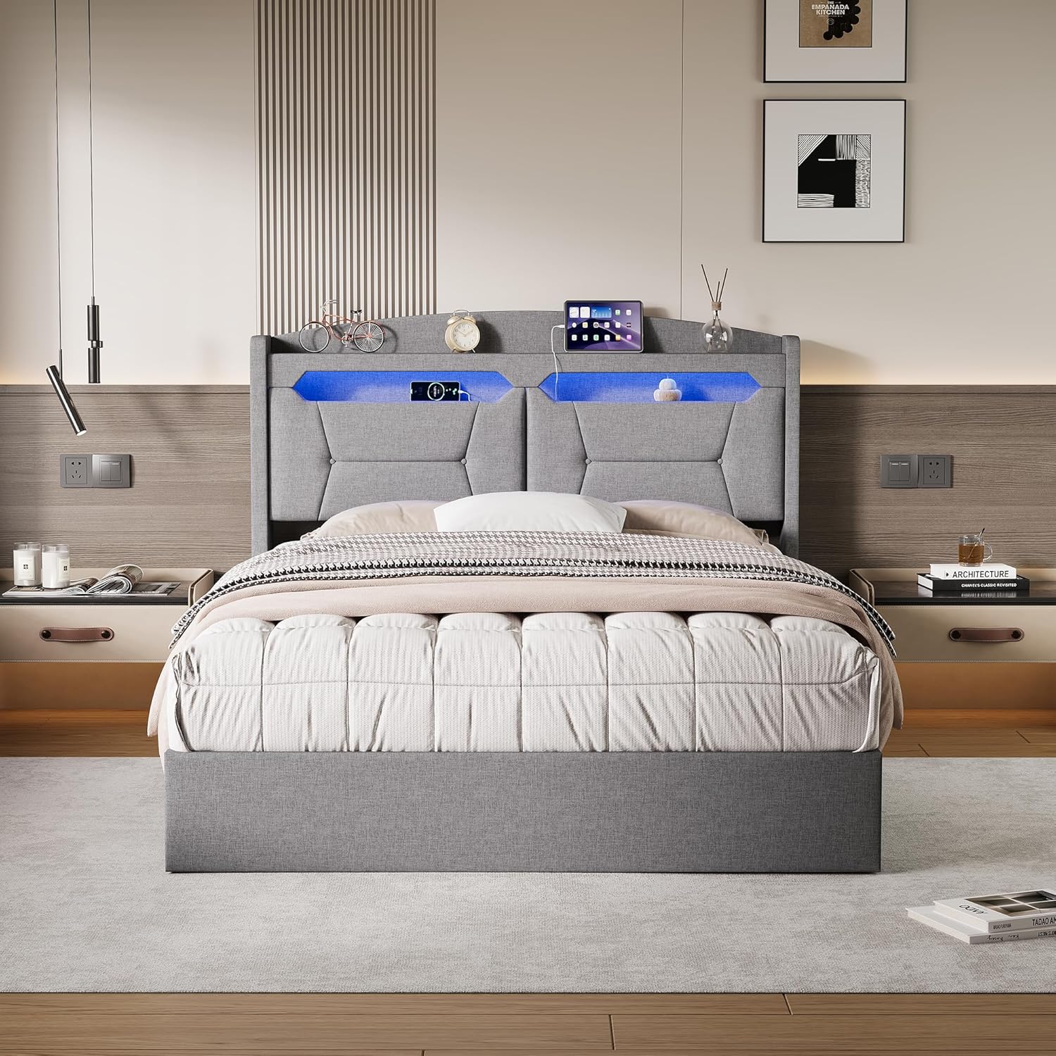 Polsterbett Doppelbett 140x200, LED Jugendbett Hydraulisch Bett mit Stauraum, LED-Kopfteil mit USB Typ-C & Staufach, Boxspringbett Bettgestell mit Lattenrost, Linen, Hellgrau, Ohne Matratze