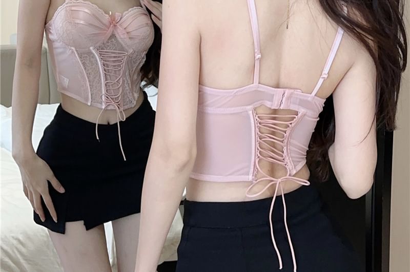 Manicotto - Effen crop top met strik en kantpaneel