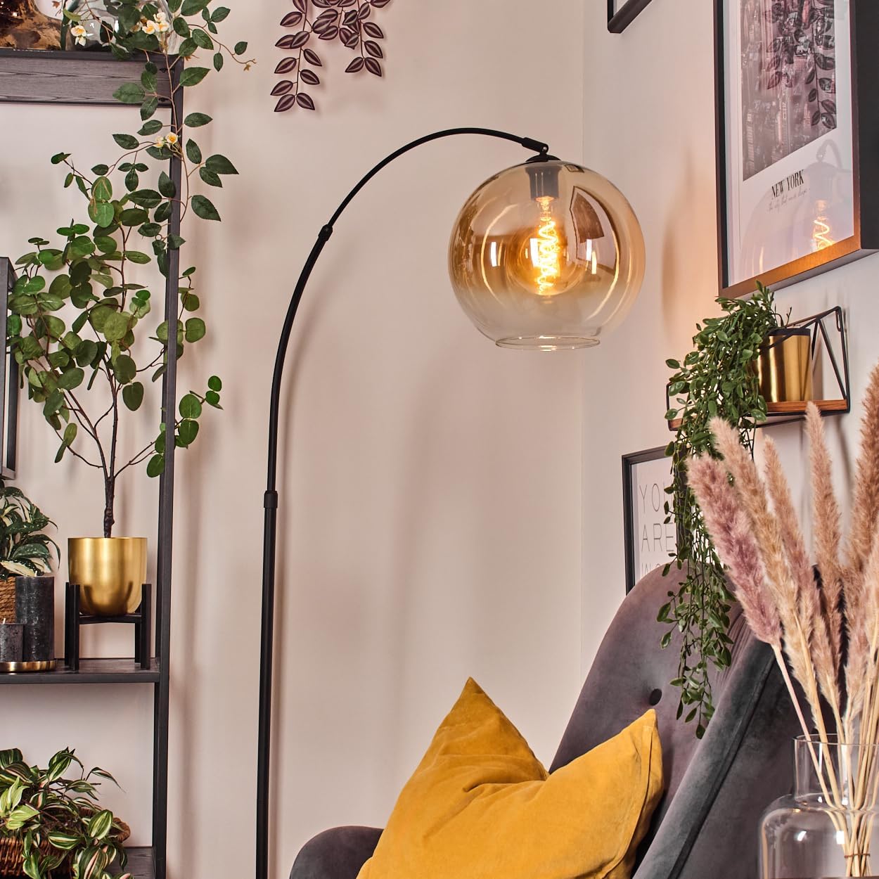 HOFSTEIN Stehleuchte Koyoto, Stehlampe aus Metall/Glas in Schwarz/Bernstein/Klar mit Marmorfuß, verstellbare Leuchte im Retro-Design (Schirm Ø 30 cm), Fußschalter, E27, Wohnzimmer, Schlafzimmer, Flur