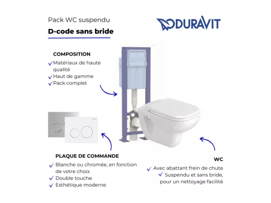 Pack WC suspendu sans bride DURAVIT Durastyle avec abattant frein de chute + bati support SIAMP + Plaque de commande chromée