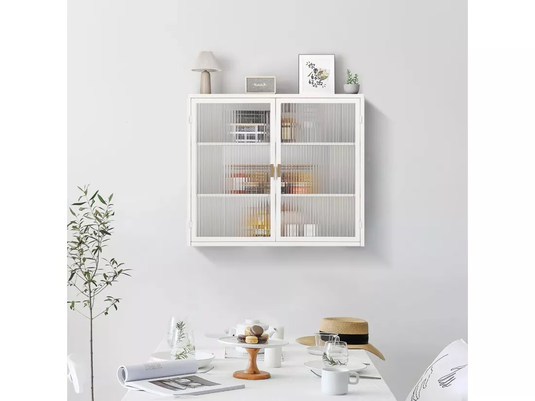 Armoire Murale Moderne à Deux Portes avec Verre Trempé et Rangement à Trois Niveaux, pour Salon, Entrée, Salle de Bain et Salle à Manger (70cm, Blanc)