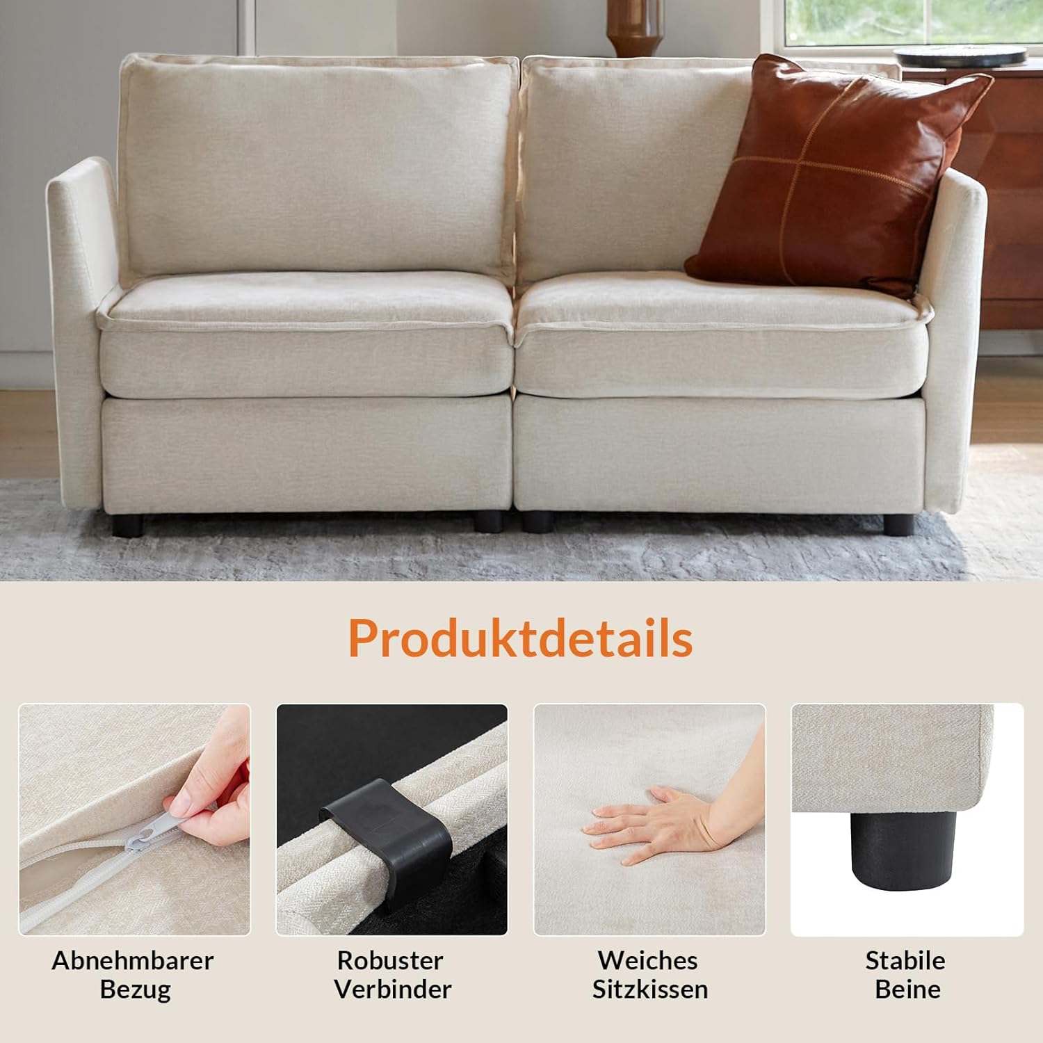 HULALA HOME Modulares XXL 2-Sitzer Sofa mit verstecktem Stauraum 170 cm Couch mit Extrabreite Sitzflächen, frei kombinierbar & waschbare Bezüge, Beige