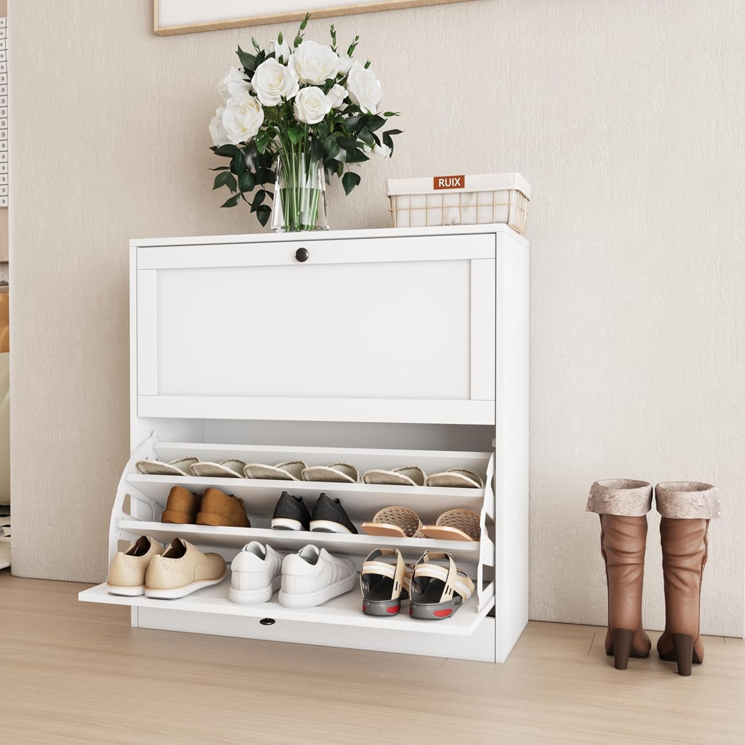 VOWNER Schuhschrank mit 2 Klappen, Schuhregal Schuhkipper Schmal, mit 6 Fächern, Schuhschrank Weiss, Verstellbar, Anti-Kipp-Vorrichtung für Eingangsbereich, Flur, 80 x 30 x 80 cm