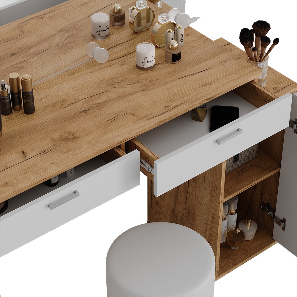 Vicco Schminktisch Regina Eiche Weiß 130 cm mit Beleuchtung und Hocker