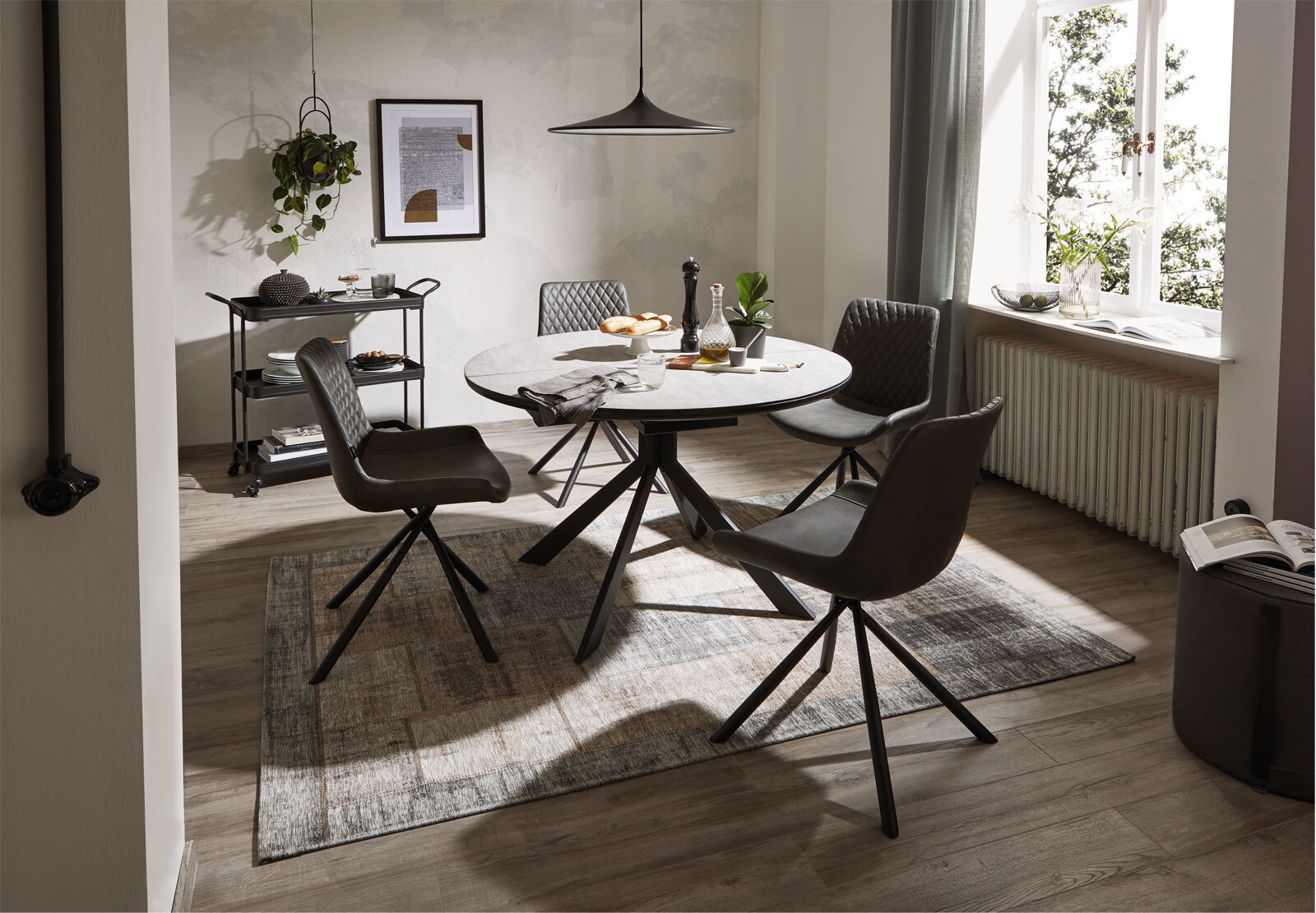 CASAVANTI Esszimmerstuhl FLORES Edelstahl schwarz/ Lederlook grau