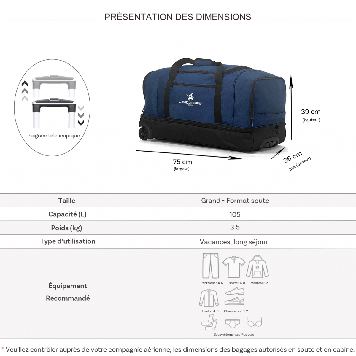 David Jones Sac de voyage à roulettes 105L double compartiment David Jones Taille L 75cm
