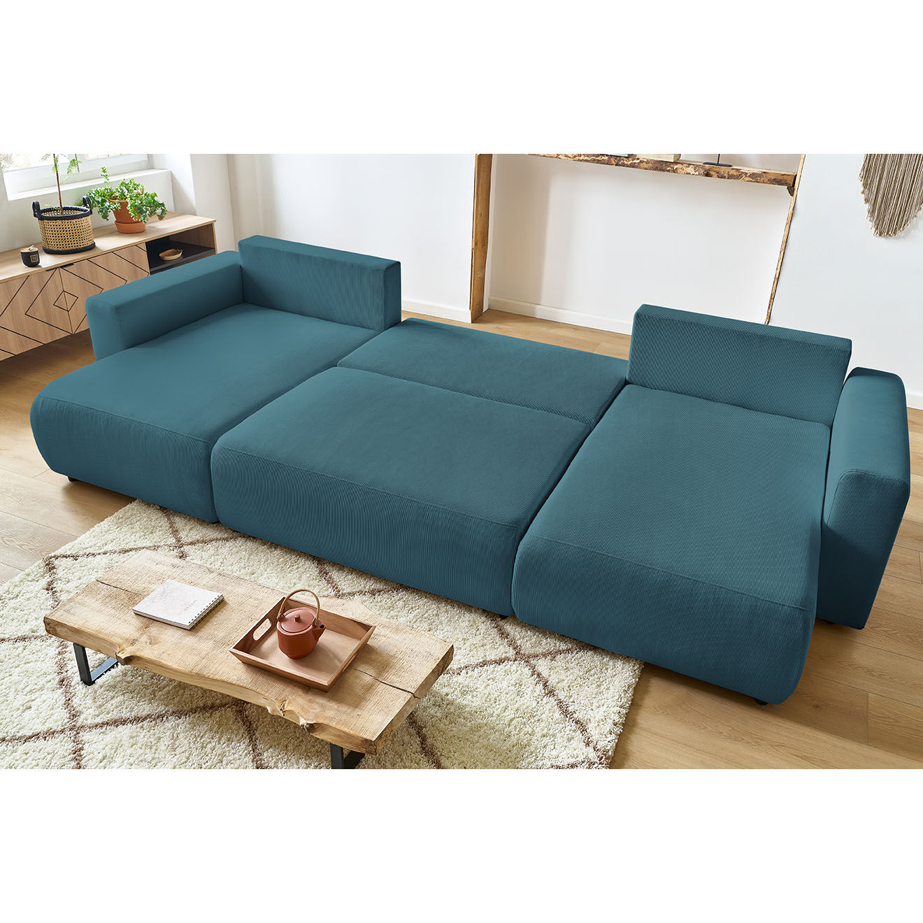 Bobochic Canapé d'angle panoramique convertible coffre Envy bleu foncé - 153/97/153x386x95 cm