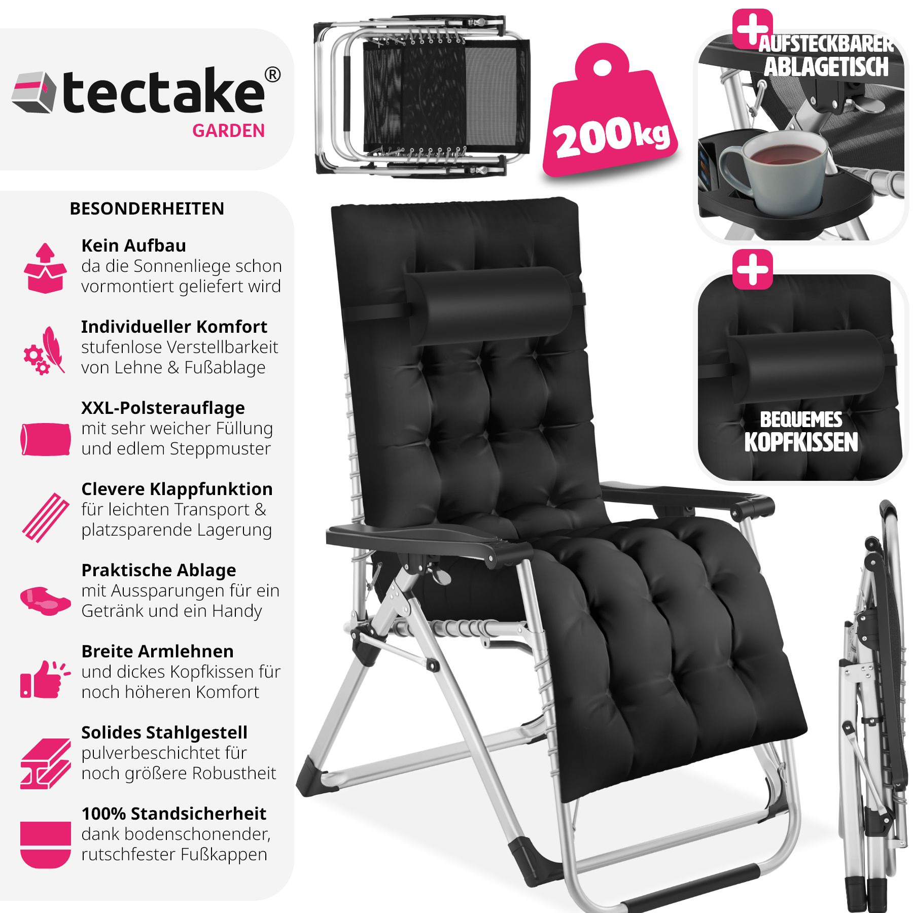 tectake® Sonnenliege, klappbar, abnehmbares Sitz- und Kopfpolster, 84 x 168 x 82,5 cm, mit Ablagetisch
