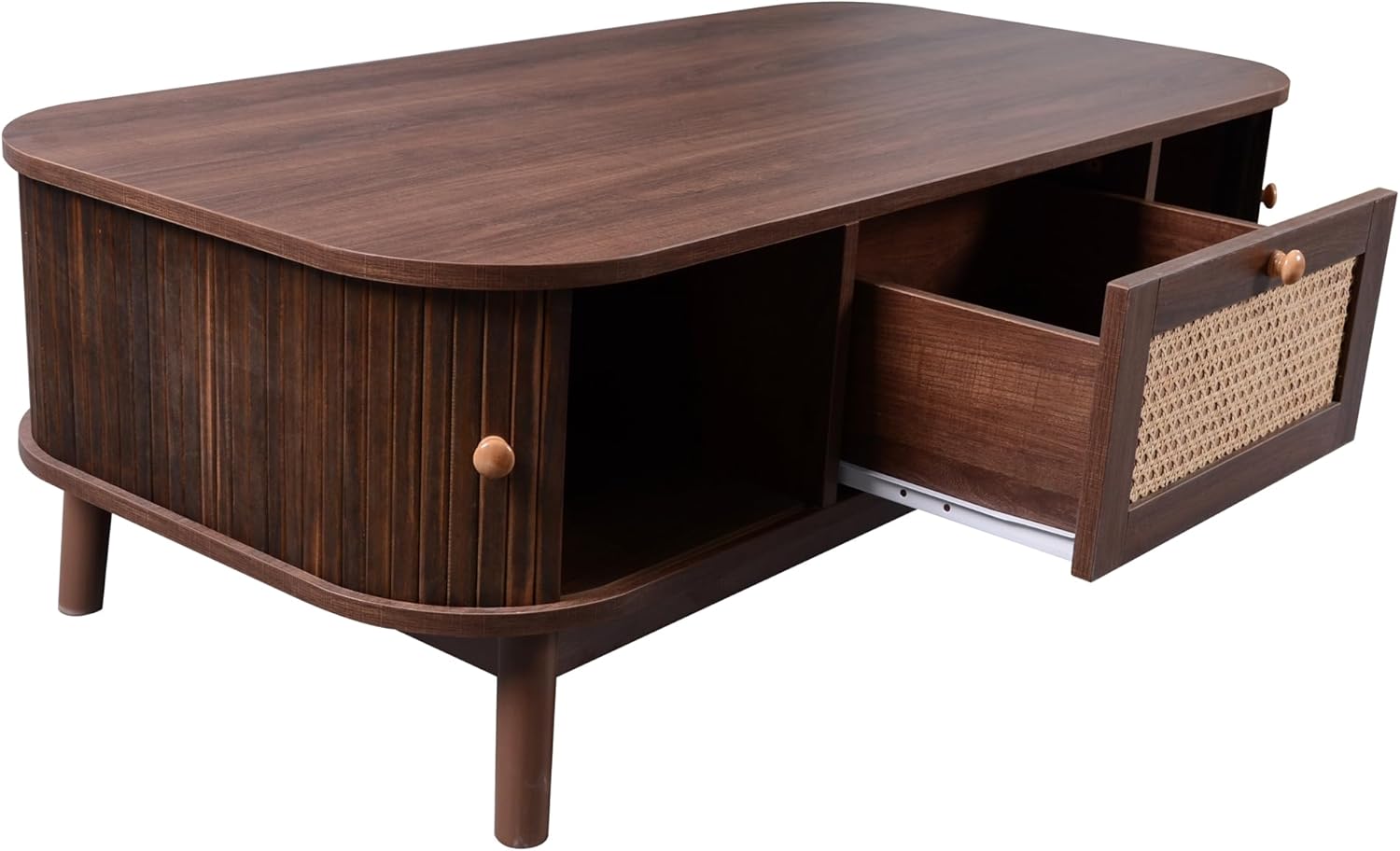 Merax Couchtisch Niedriger, Moderner Kaffeetisch mit Schubladen und Schiebetüren aus Massivholzplatten, Wohnzimmertisch mit Stauräume, Multifunktionaler Beistelltisch Sofatisch, Landhausstil, Braun