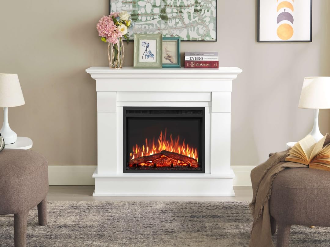 Elektrokamin Albion AF24, Elektrischer Standkamin mit Heizung 1800 W, realistischer 3D-Flammeneffekt, LED-Beleuchtung, Fernbedienung, Timer, Thermostat, Knistereffekt, MDF (Weiß)