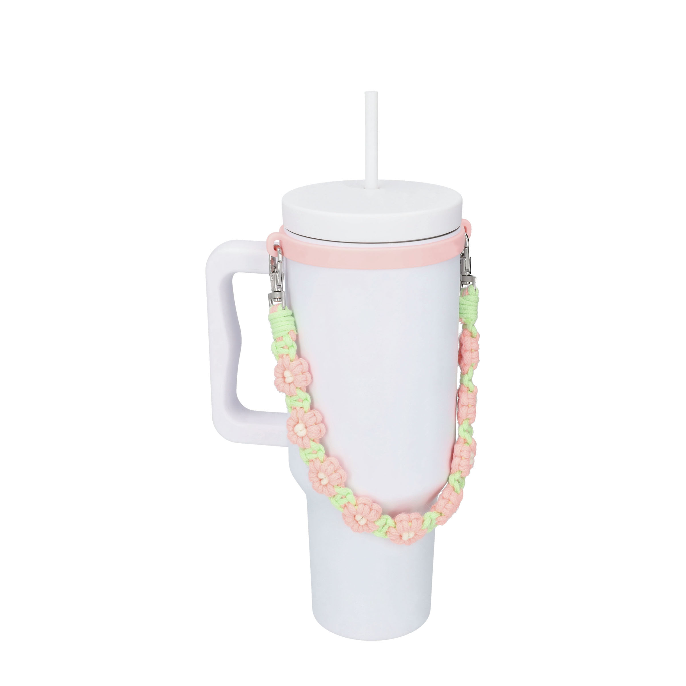 (Ø6x18cm) Stoff Flaschen Griff Blumen Halter Handschlaufe Accessoire für Stanley Cup Thermo Becher - Rosa / Grün