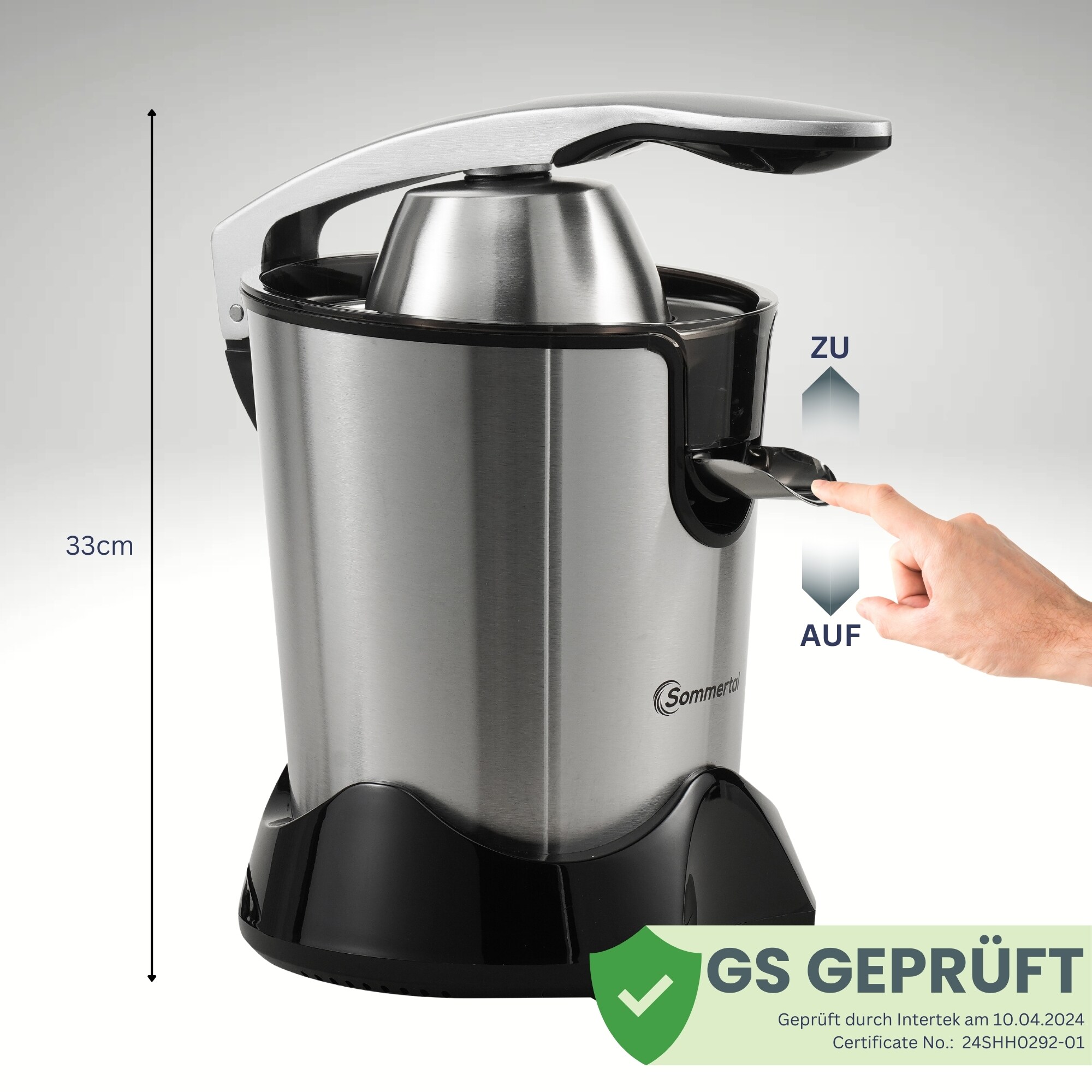 Sommertal Zitruspresse CP850 elektrische Saftpresse inkl. 2 Presskegel, manuelle Handpresse, Orangenpresse Zitronenpresse aus Edelstahl, Juicer Entsafter mit starkem 850W Motor