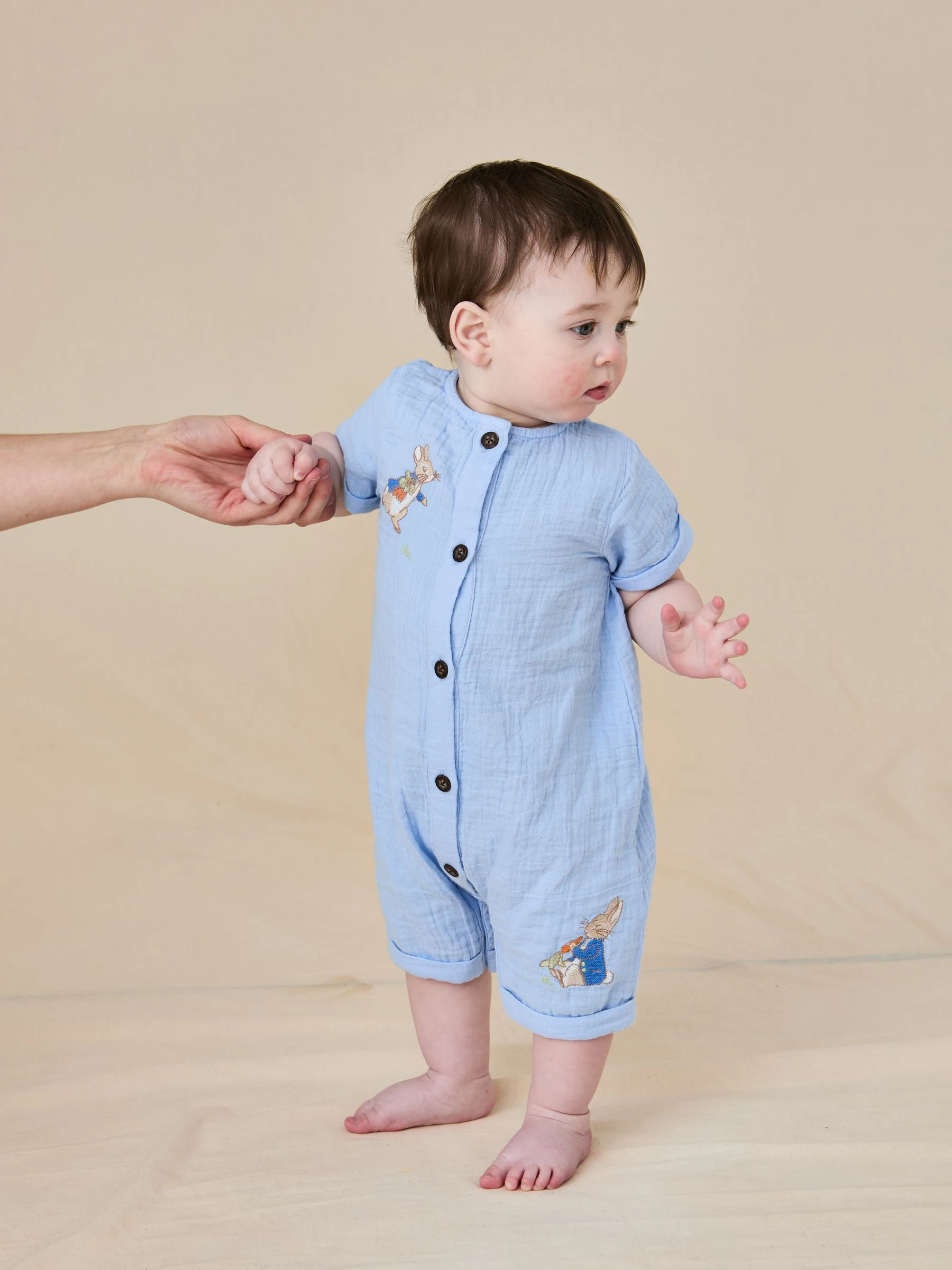 JoJo Maman Bébé Peter Rabbit™ Cheesecloth Button Front 100% Cotton Romper