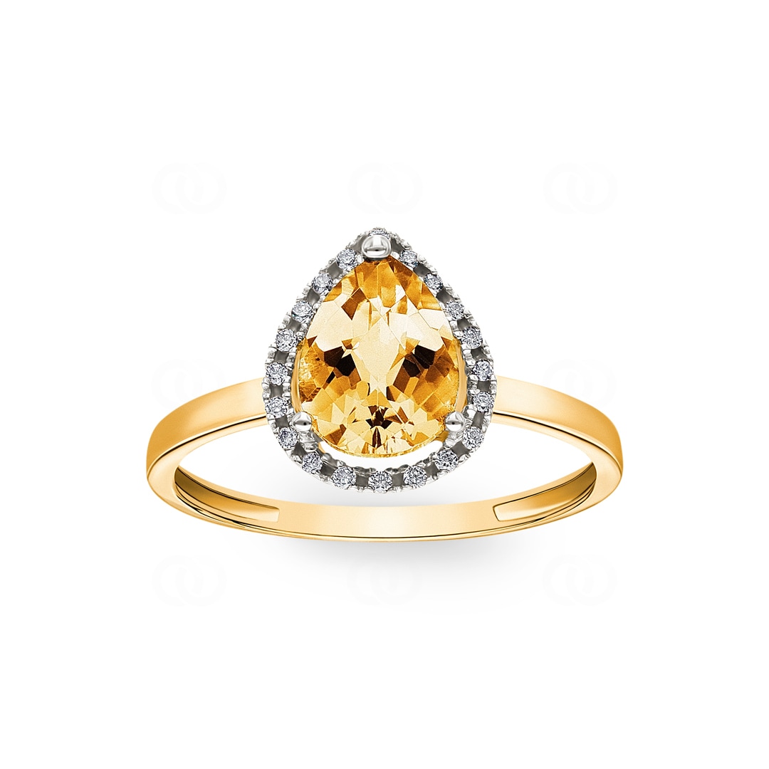Damenring 750/18 K Gelbgold mit Citrin Tropfen und Diamanten 0.06 ct H/si