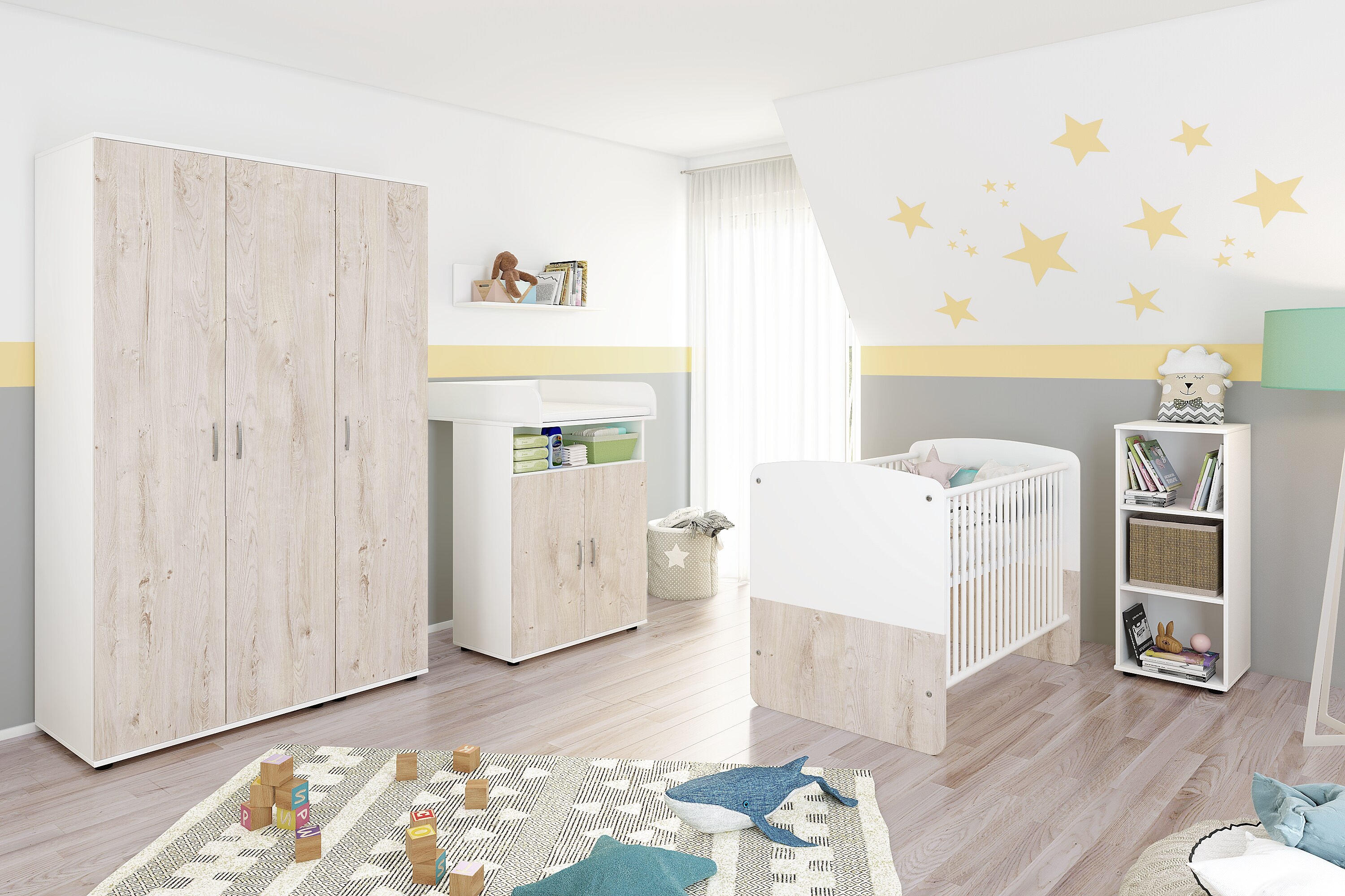nonjoo. Babyzimmer Hanna Set 8: best. aus Babybett, Kommode, Wickelaufsatz, Wandboard, Regal mit 3 Fächern und Kleiderschrank 3-trg.