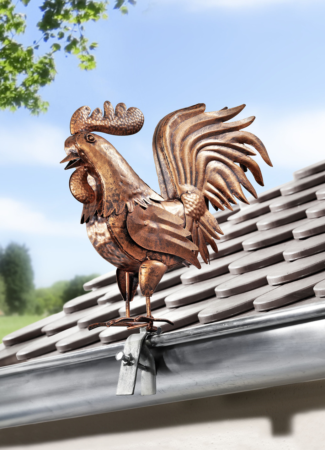 Dachrinnen- und Zaunfigur Hahn im Kupferlook