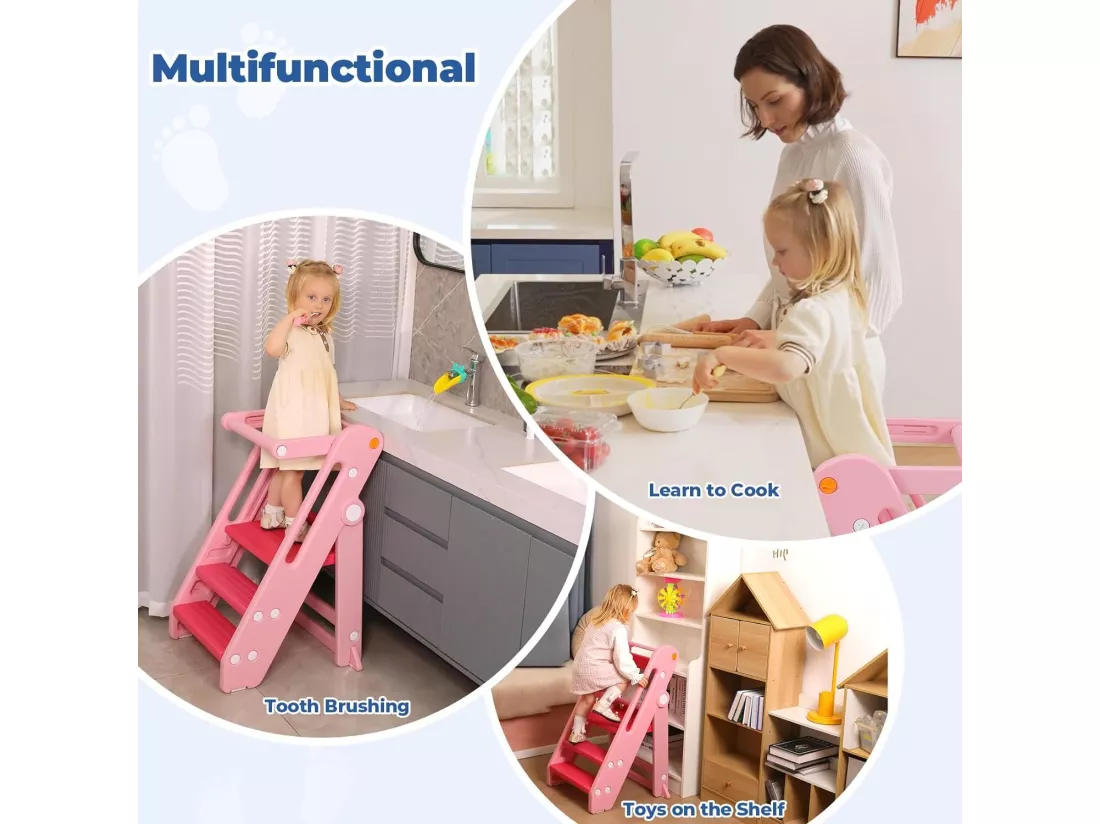 Onasti Chaise Haute Bébé HDPE,Tour d'Apprentissage 18 mois-6 ans Hauteur Réglable,Repose-pieds Antidérapants,Pliable,Sécurité - Rose