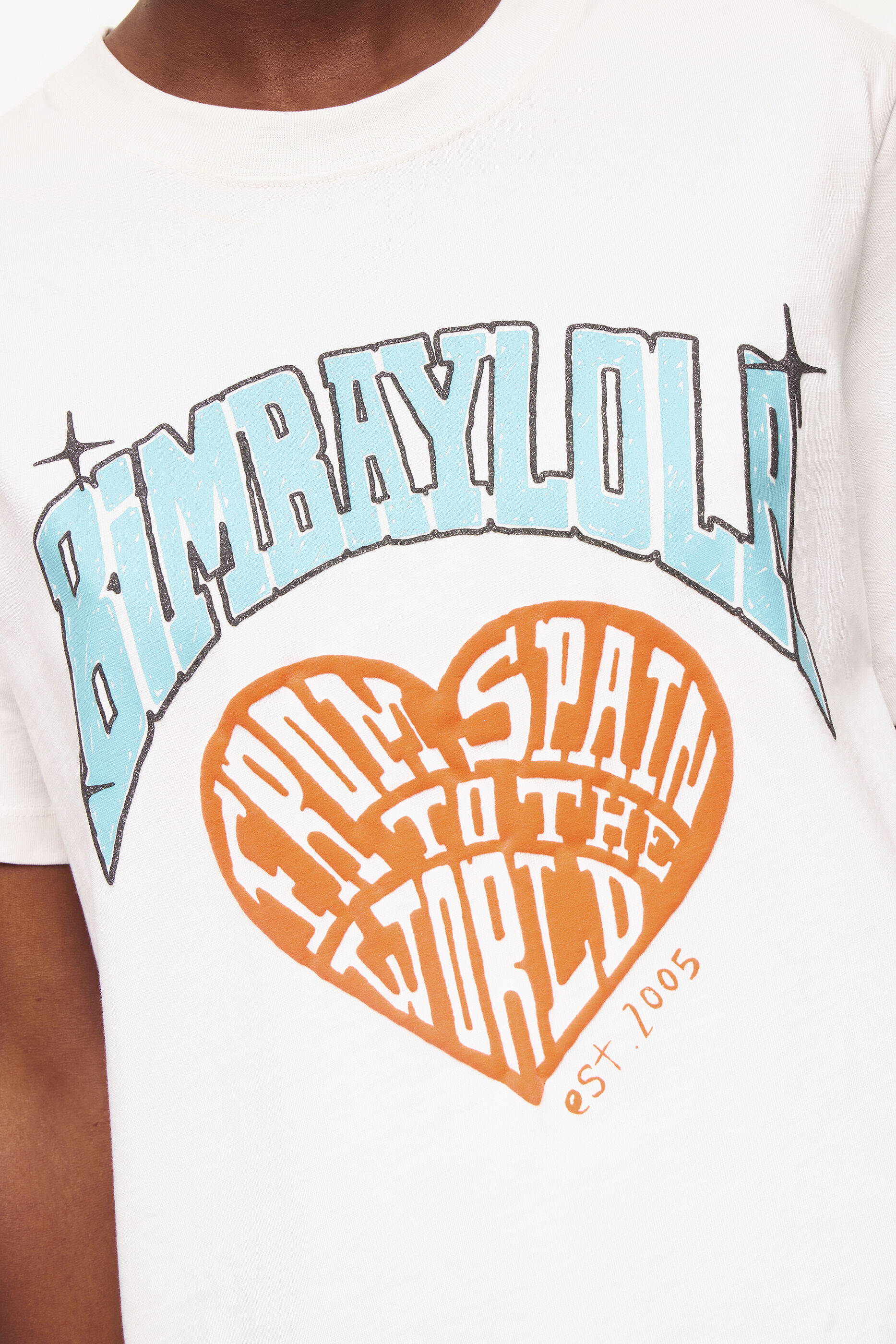 Camiseta branca com o logotipo da universidade Bimba