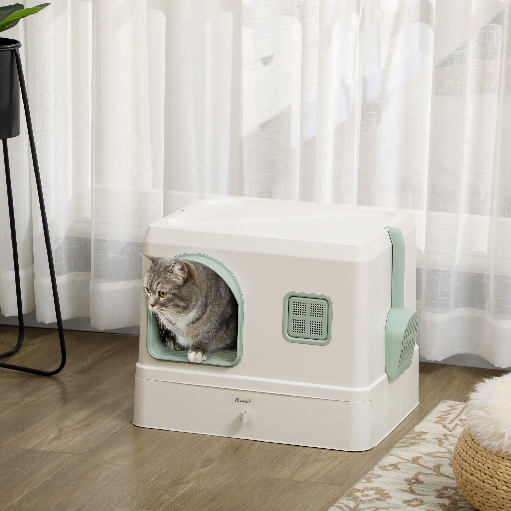 PawHut Katzenklo mit zwei Deodorants und Schaufel weiß, grün 50L x 40B x 40H cm