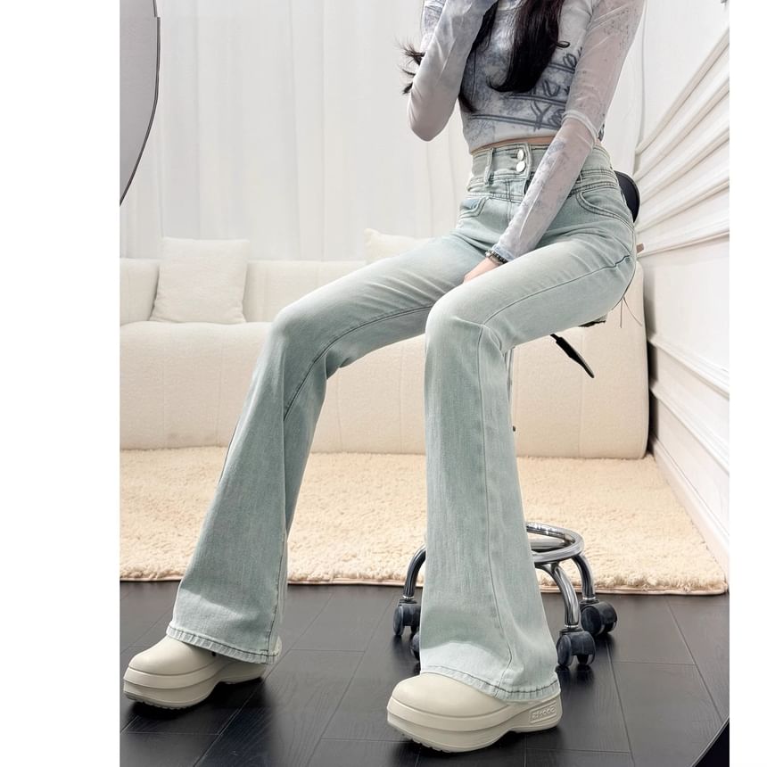 Girliepairs - High Rise Lace Trim Bow Flared Jeans
