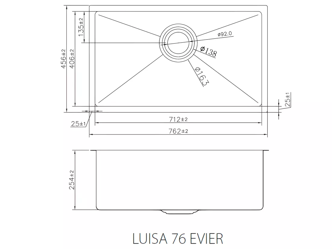 Luisa évier 1 grande cuve seule 76x45 en inox - Essebagno