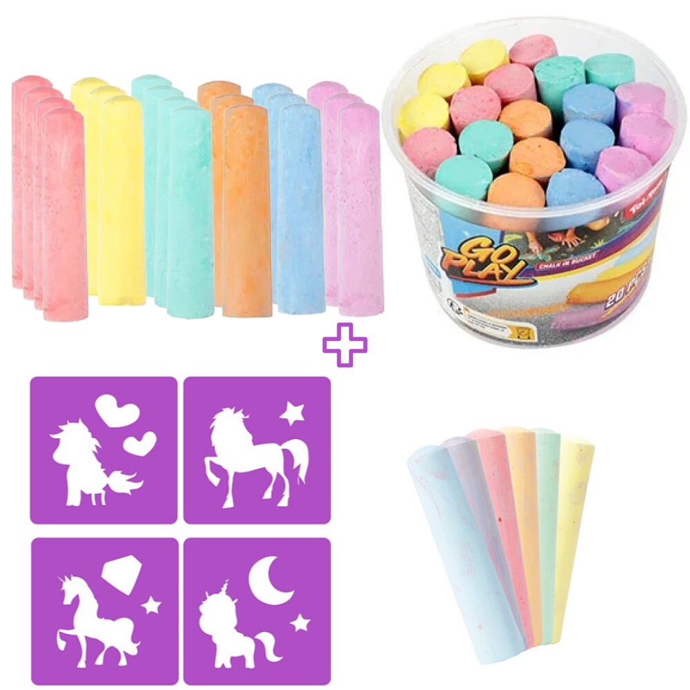 Strassenmalkreide 20 Kreide im Eimer mit Einhorn Schablonen 6 Kreide