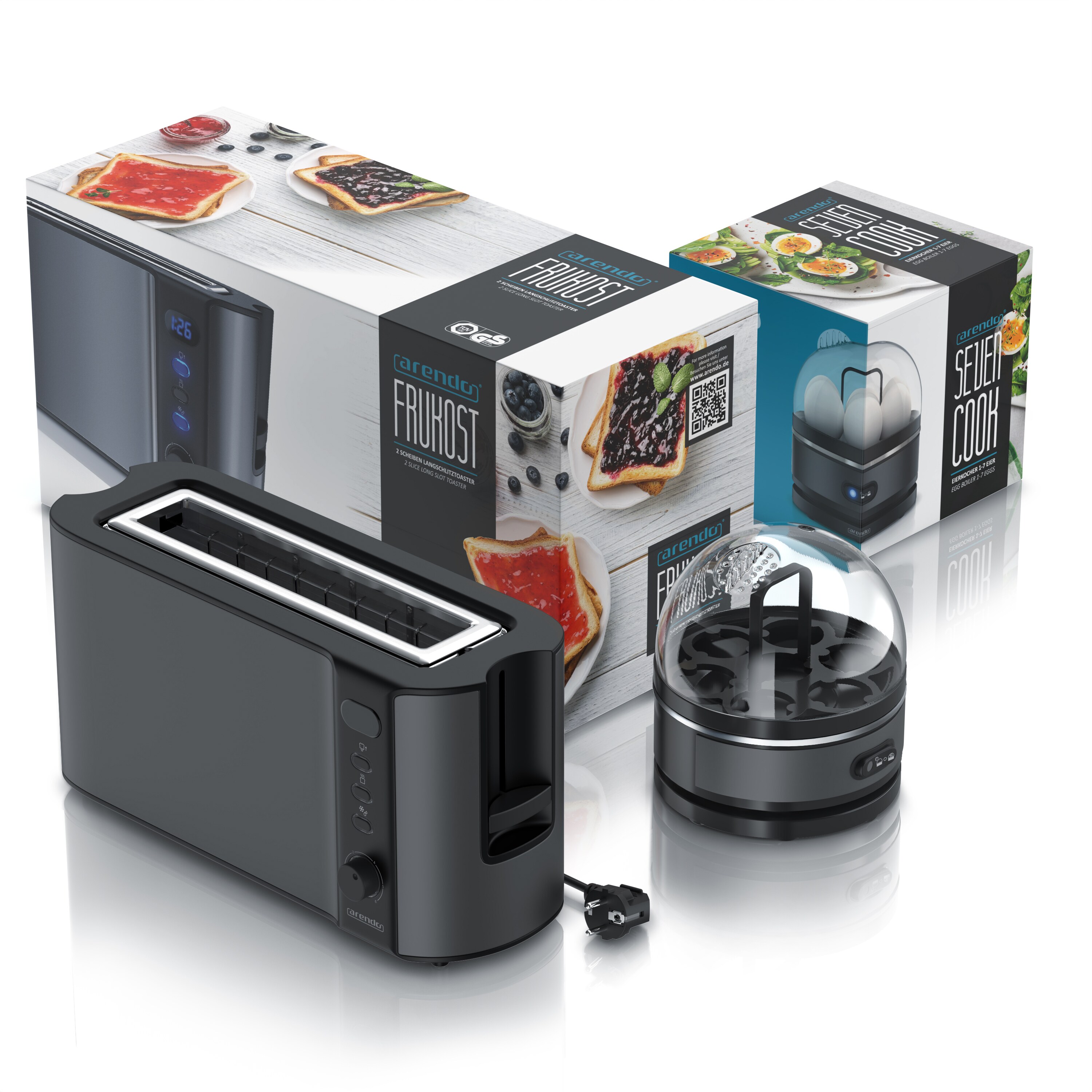 Arendo - SET Toaster FRUKOST mit Eierkocher SEVENCOOK Edelstahl Grau, Toaster 2 Scheiben, LED-Display, 6 Bräunungsgrade, Brötchenhalter - Eierkocher