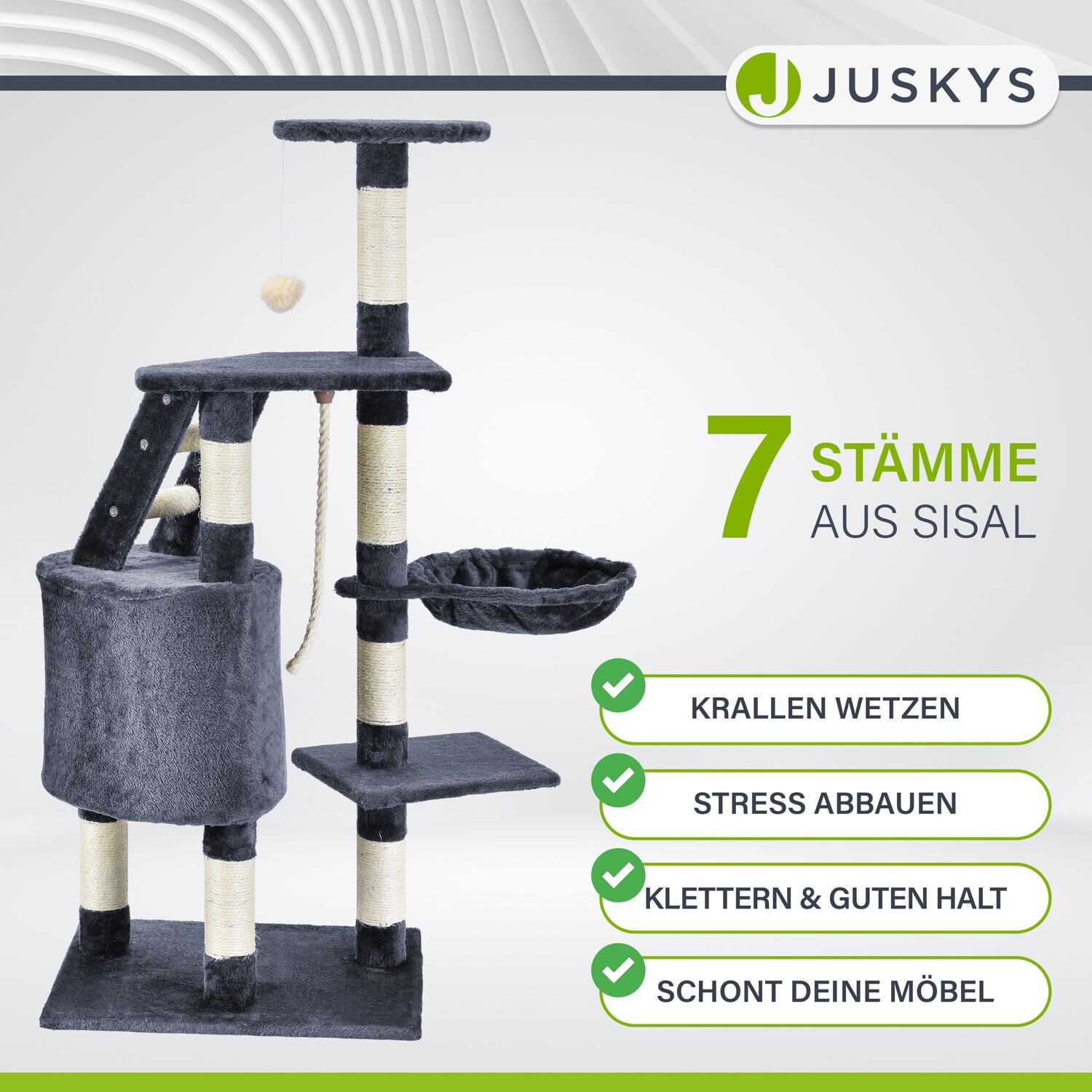 Juskys Kratzbaum Buffy grau – Katzenbaum mit Höhle, Liegemulde, Liegeflächen & Sisal-Stämme