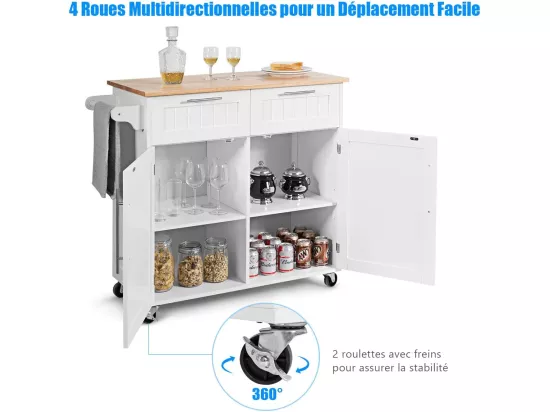 Dessertes îlot central cuisine avec table 4 roues universelles porte-serviettes, 94x41x94cm
