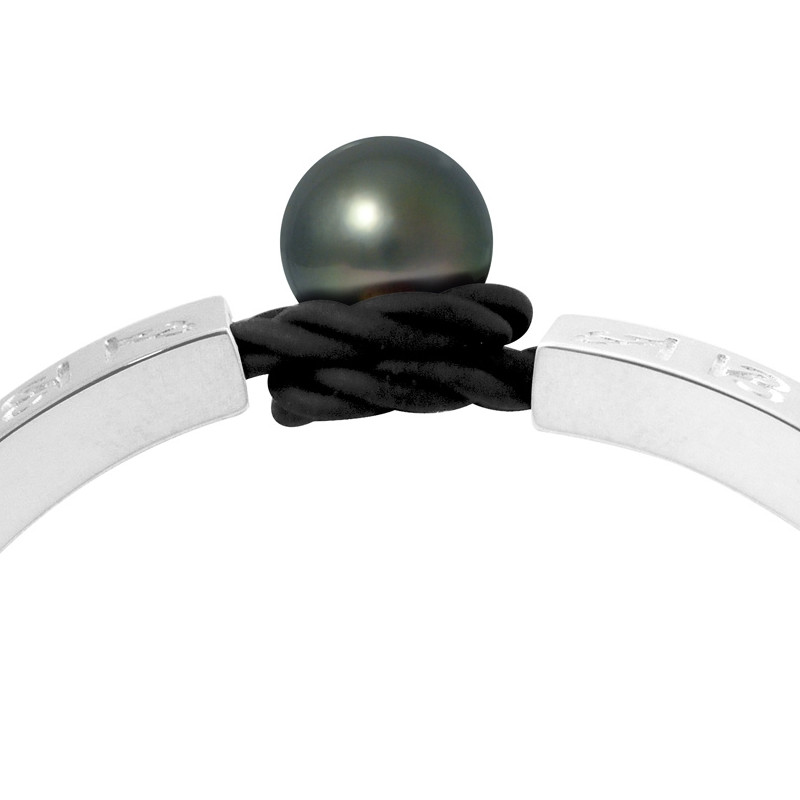 Bracelet Hiéroglyphes Egyptiens Homme-Femme Néoprène Noir Tressé, Perle de Tahiti Noire de 10 mm et Argent Massif 925/1000
