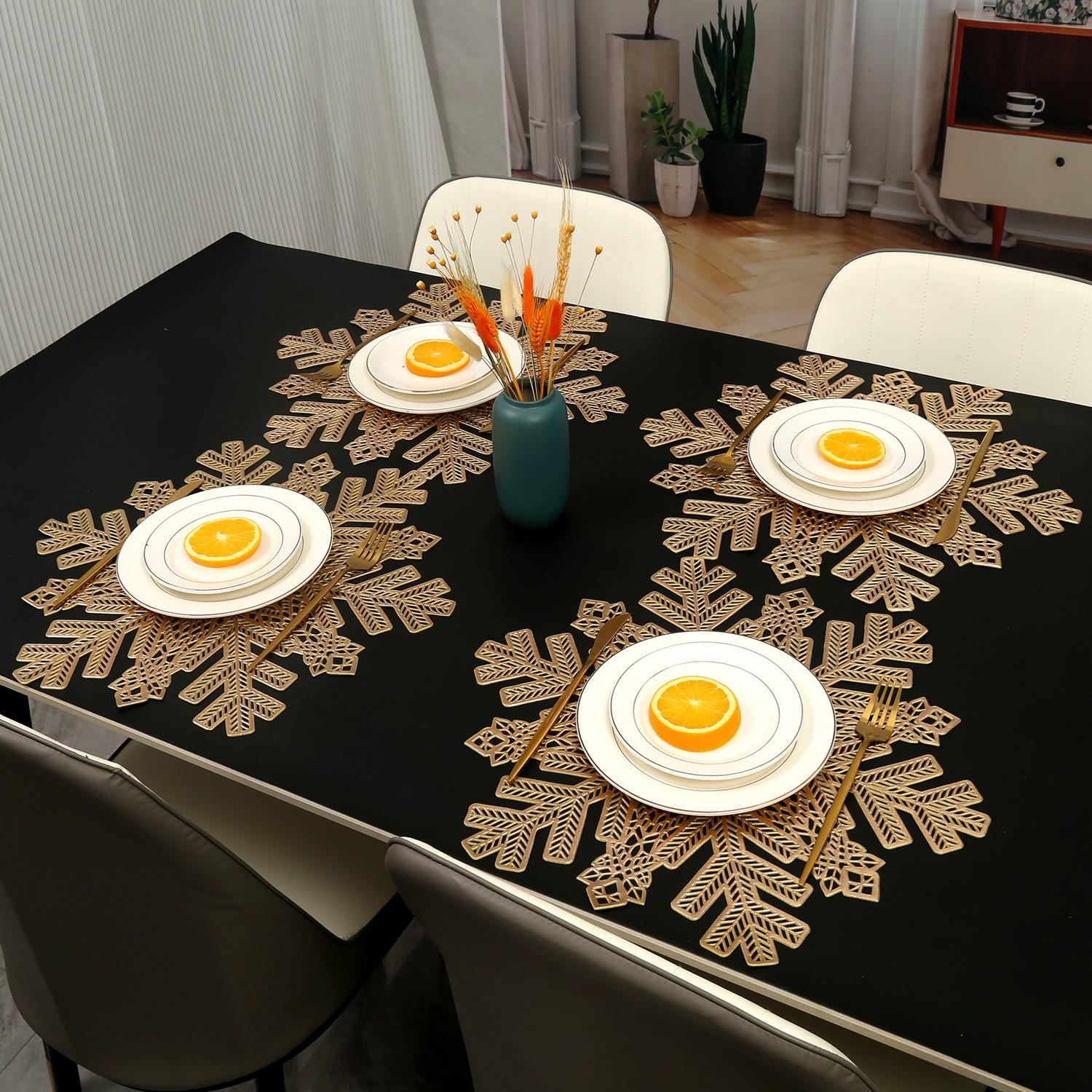 (Ø45cm) Hitzebeständige PVC Schneeflocken Tischunterlage Abwaschbarer Teller Untersetzer für Weihnachten / Winter - Gold