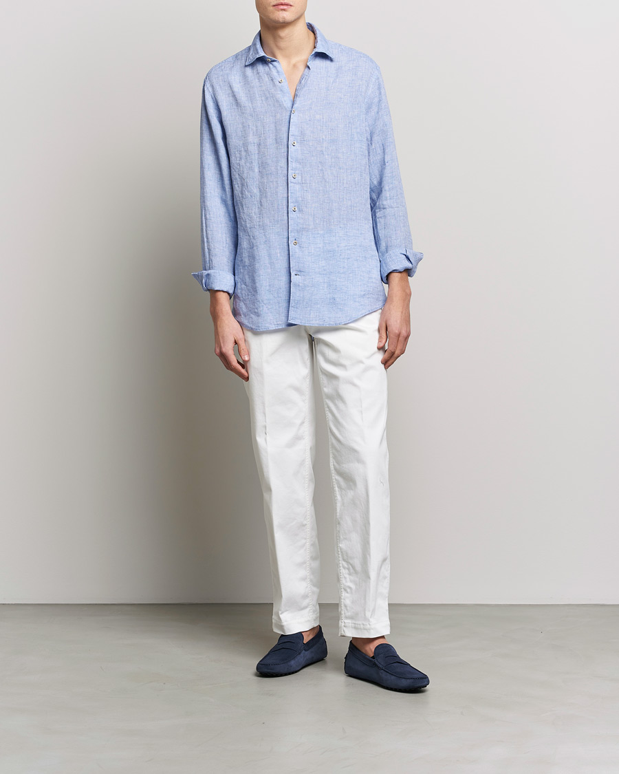 Stenströms Fitted Body Cut Away Linen Shirt Blue