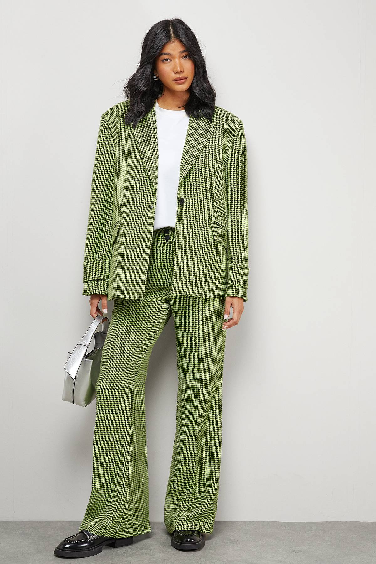 Warehouse Pantalon Coordonné Taille Haute Pied-de-Poule Lime avec Ceinture Profonde