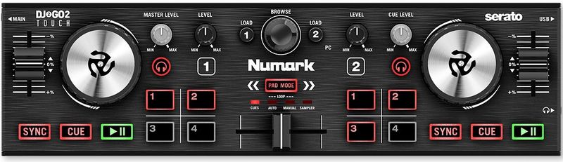 Numark DJ2GO2 Touch Compacte 2 Deck USB DJ Controller voor Serato DJ met Mixer, Crossfader, Audio Interface en Aanraakgevoelige Jog Wheels