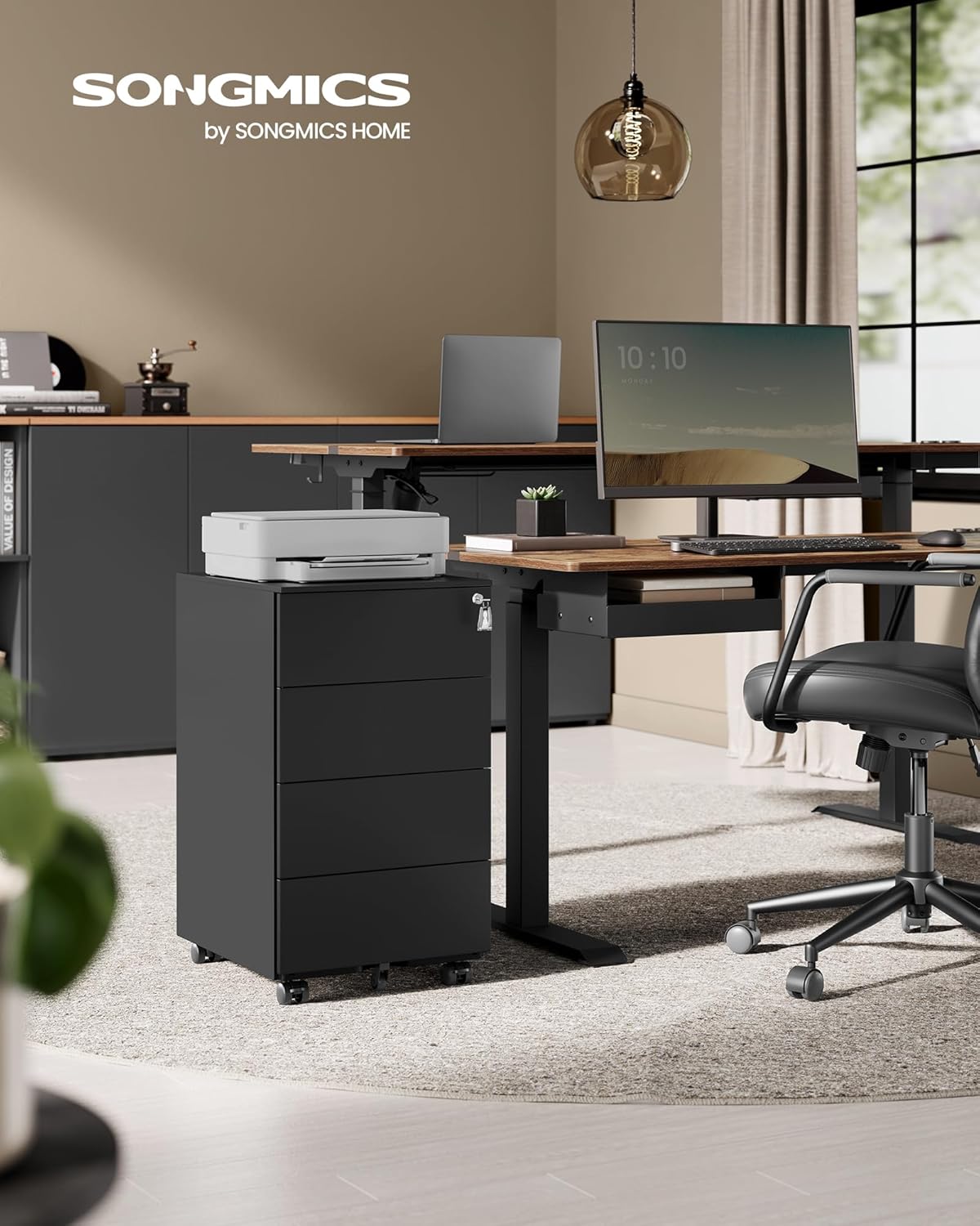 SONGMICS Schubladenschrank, Rollcontainer, mobiler Aktenschrank, Metallschrank, Druckertisch, abschließbar, 4 Schubladen, vormontiert, Büro, Homeoffice, 45 x 39 x 69 cm, tintenschwarz OFC064B16