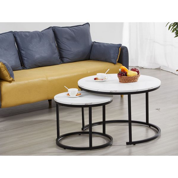 Ideia Home Design Conjunto Mesas de Apoio Oeiras Marmore Branco, Preto 70 x 46 x 70 cm e 48 x 38,5 x 48 cm