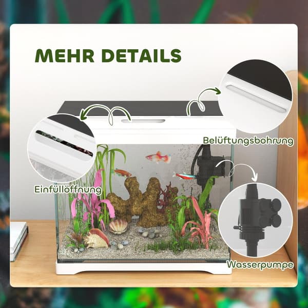 Akvarium med LED-belysning, filtersystem, 17L fisketank, tropisk fiskeakvarium med vannpumpe hvit