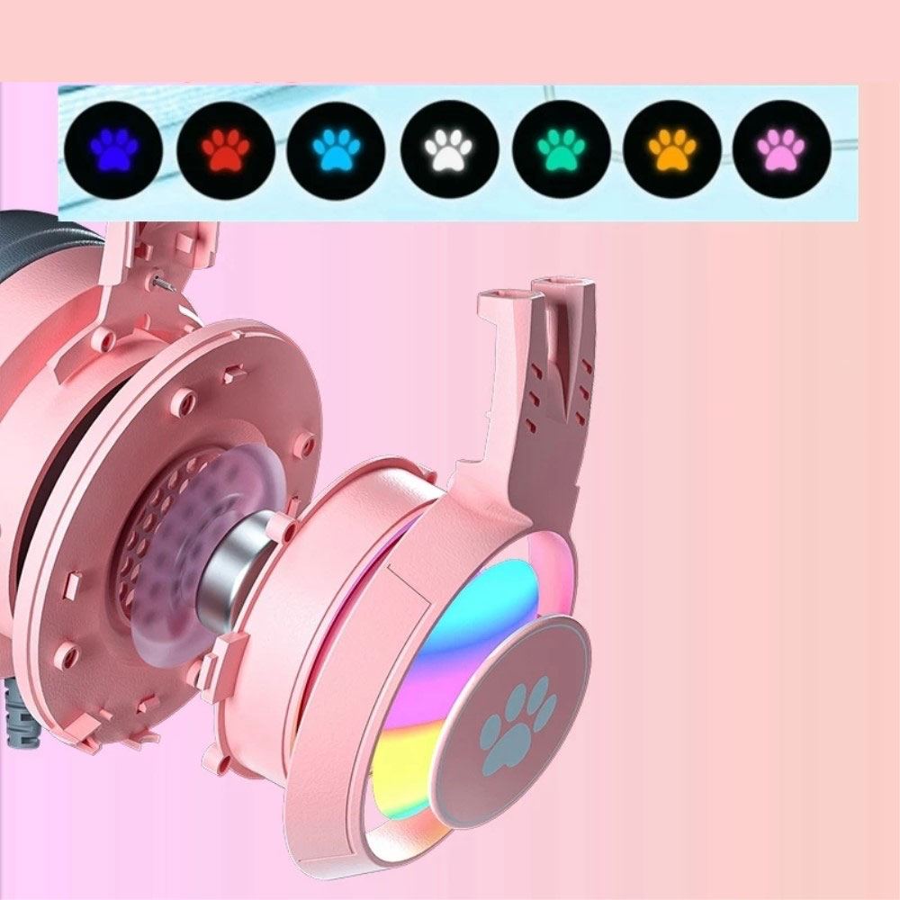 Gaming USB Kopfhörer Over-Ear LED Stereo Headset mit Mikrofon   3.5mm Klinken Anschluss (Katzenohren abnehmbar) - Schwarz
