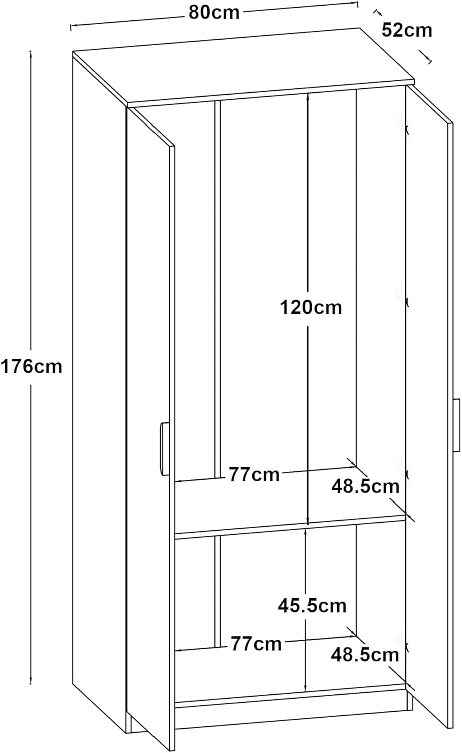 [en.casa] Kleiderschrank Eiselfing Schrank mit 2 Türen Garderobenschrank 176 x 80 x 52 cm Schlafzimmerschrank 1 Kleiderstange 1 Fach Weiß