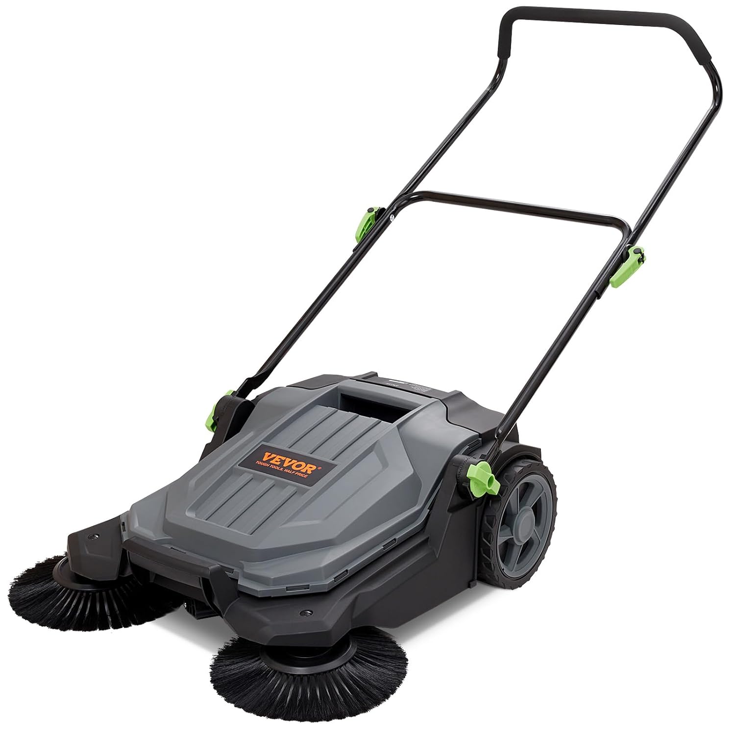 VEVOR Bodenkehrmaschine, mechanischer Kehrbesen mit 65 cm Kehrbreite, nicht elektrischer Handbesen, Abfallbehälter 18,9 L, klappbarer Griff mit einstellbarem Winkel und Höhe für Einfahrt und Hof