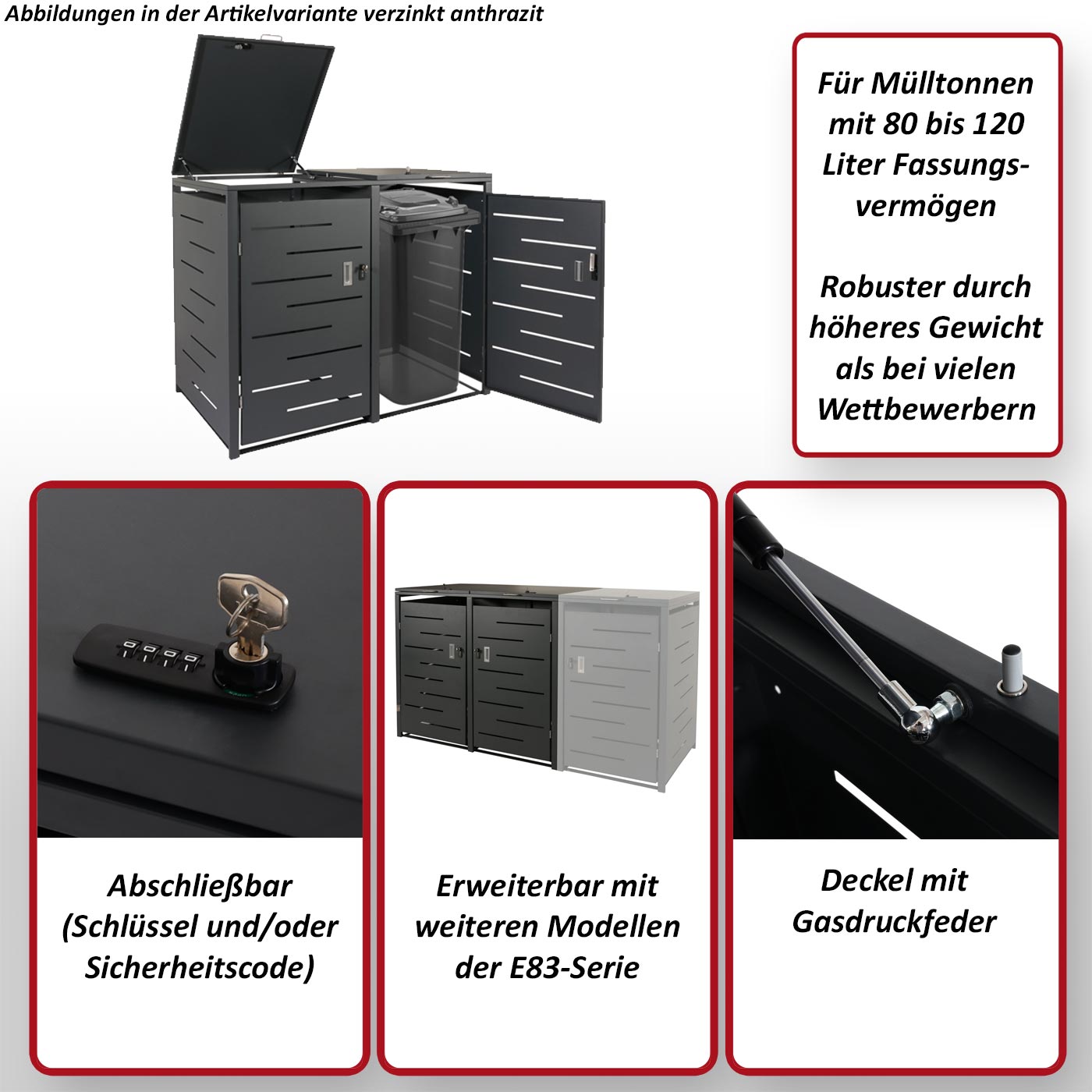 2er-Mülltonnenverkleidung MCW-E83, Mülltonnenbox Mülltonnenabdeckung, erweiterbar 117x131x80cm ~ anthrazit, Stahl 54kg