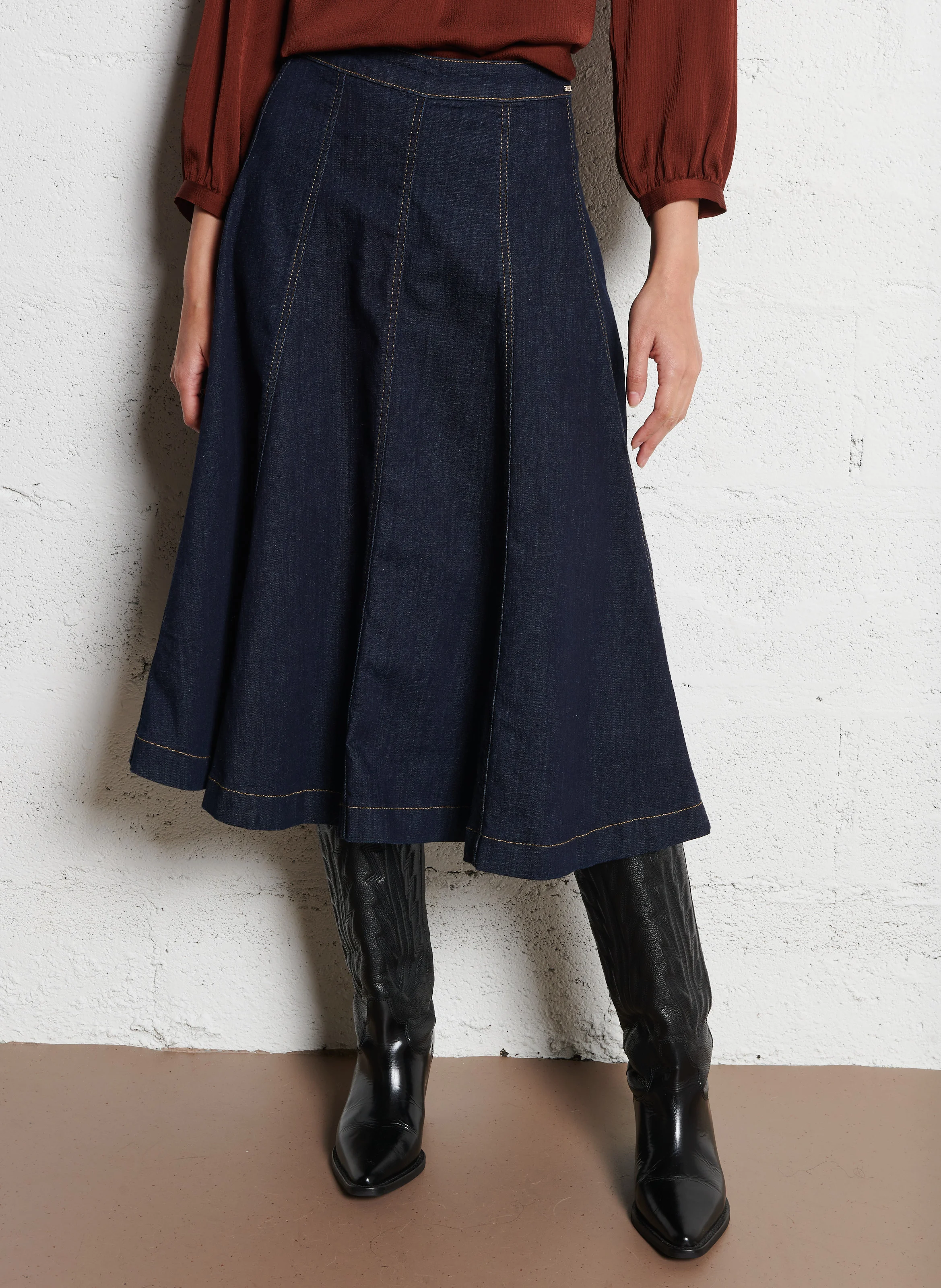 Jupe évasée denim en coton mélangé | Bleu