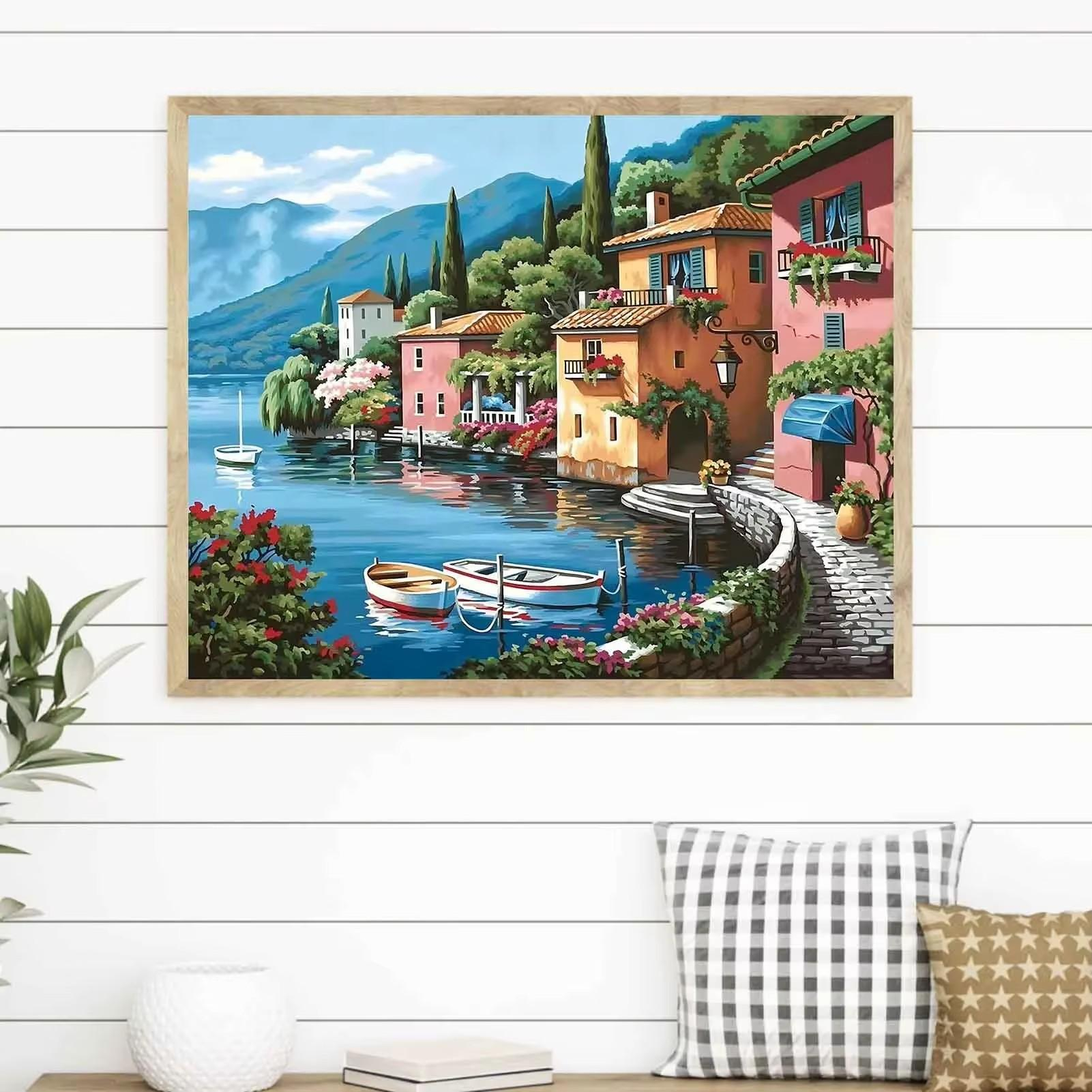 (9-tlg. Set) 50x40cm Malen Nach Zahlen DIY Leinen Tuch für Erwachsene und Kinder inkl. Bildaufhänger - Seeblick