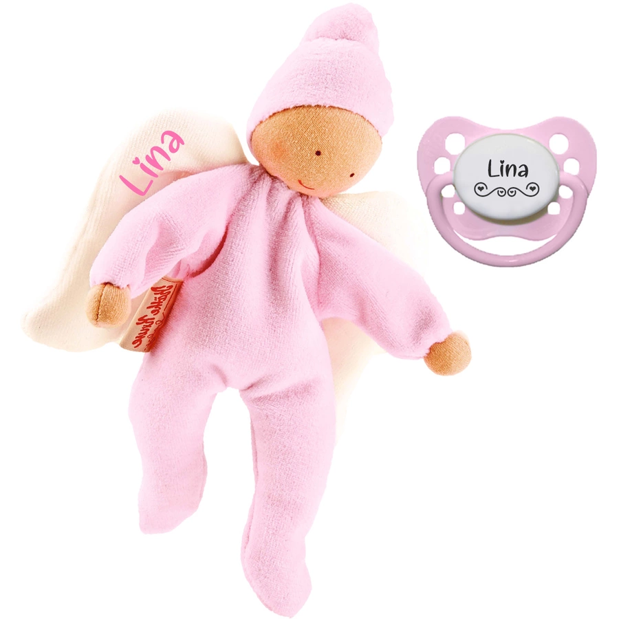 Schnullireich Geschenkset Käthe Kruse Schmusepuppe Nickibaby Engel mit Namen + NIP Namensschnuller Rosa