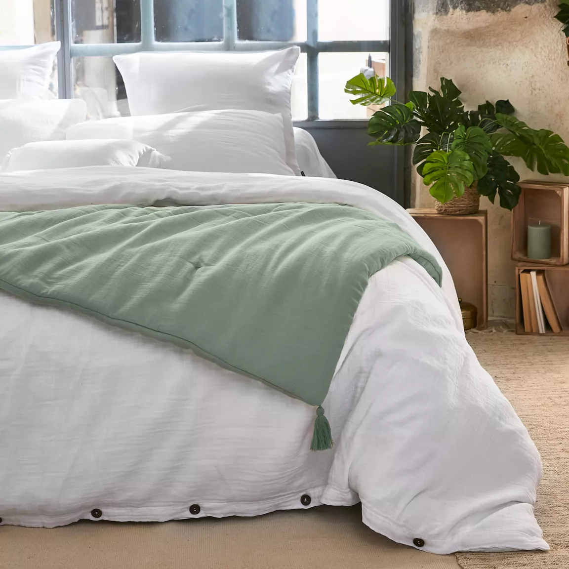 Edredon gaze de coton (150 x 150 cm) Gaïa Vert eucalyptus