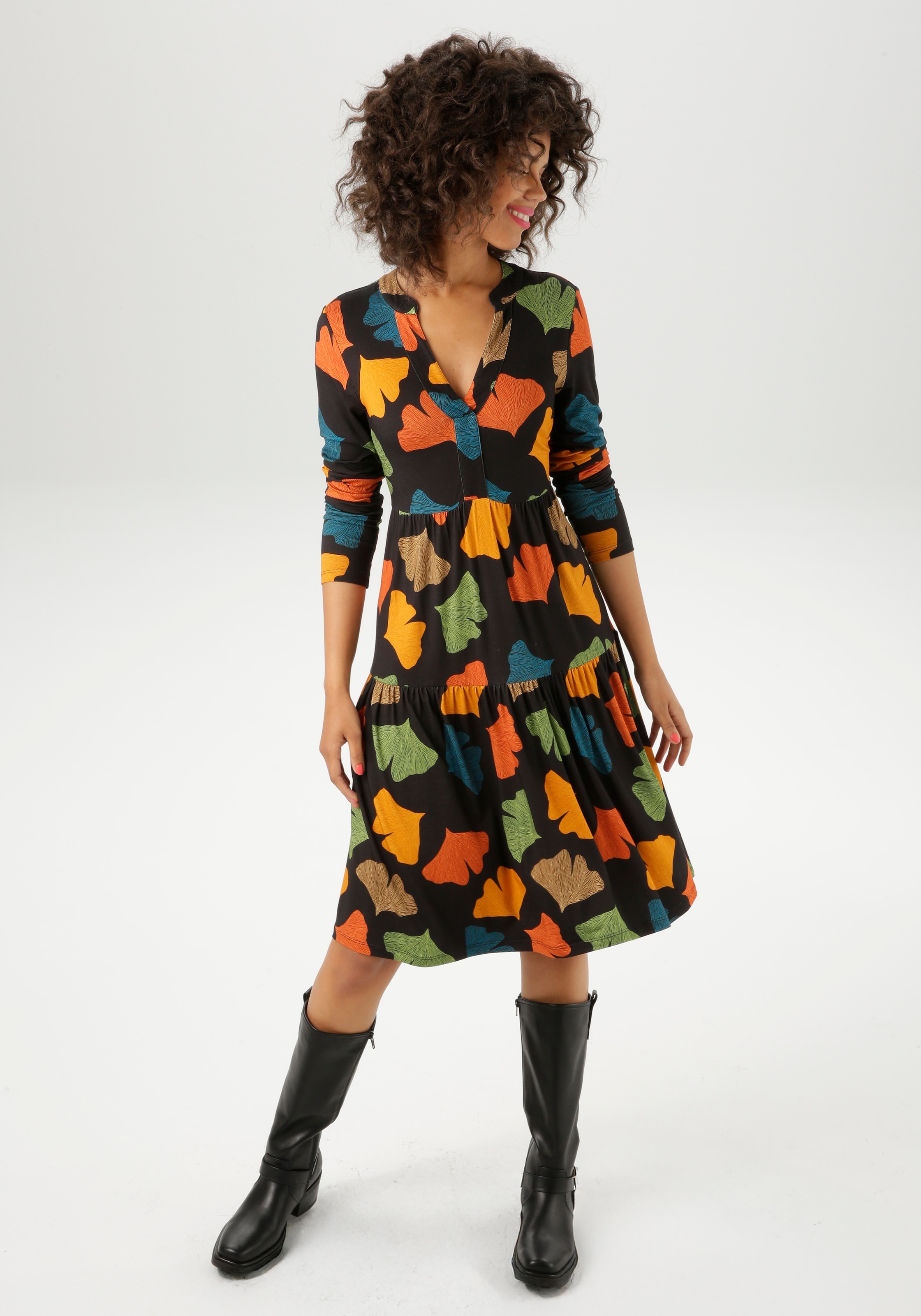 Aniston CASUAL Jerseykleid mit bunten Blättern bedruckt - jedes Teil ein Unikat - NEUE KOLLEKTION