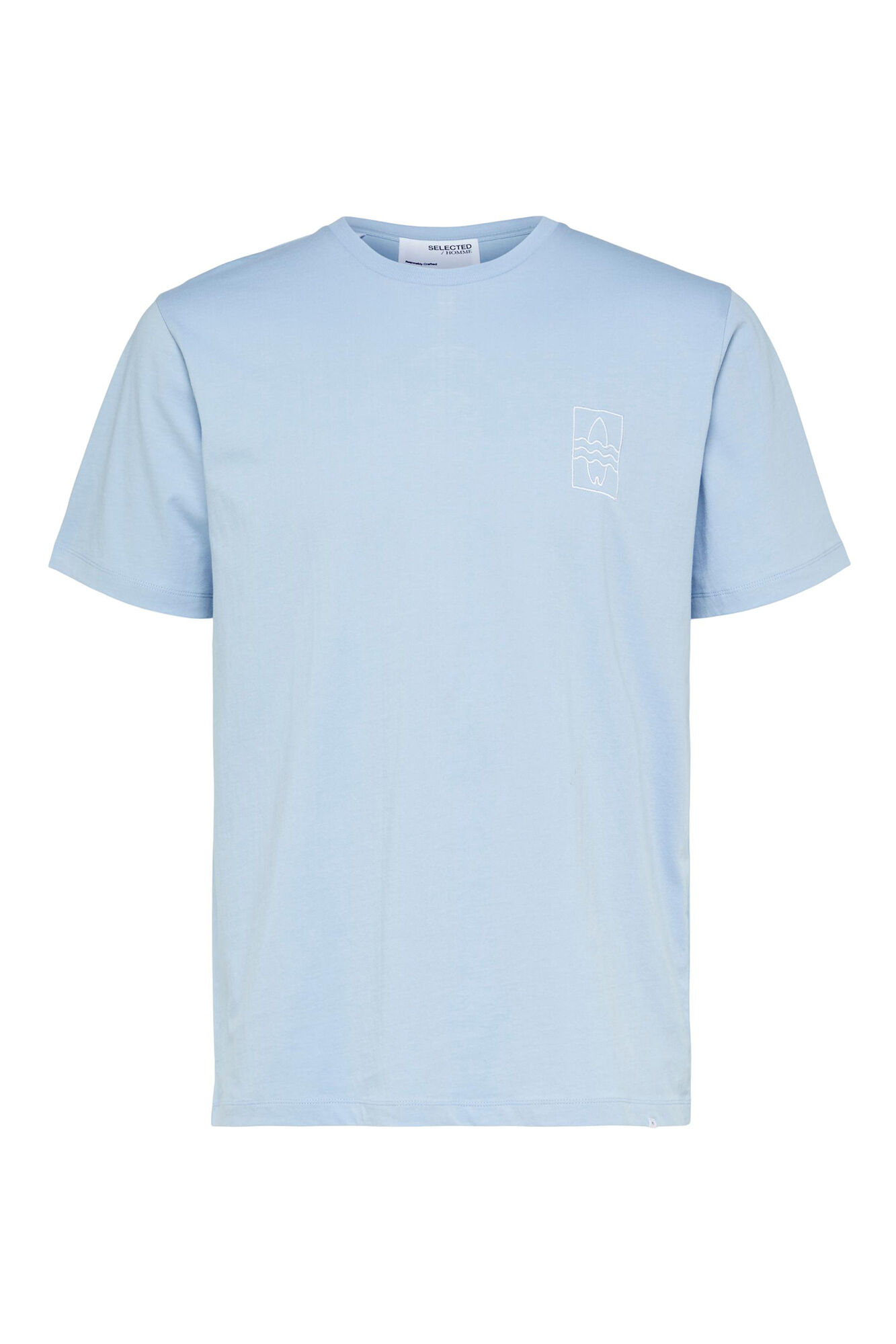 Camiseta de manga curta em algodão orgânico com detalhes bordados. - Azul